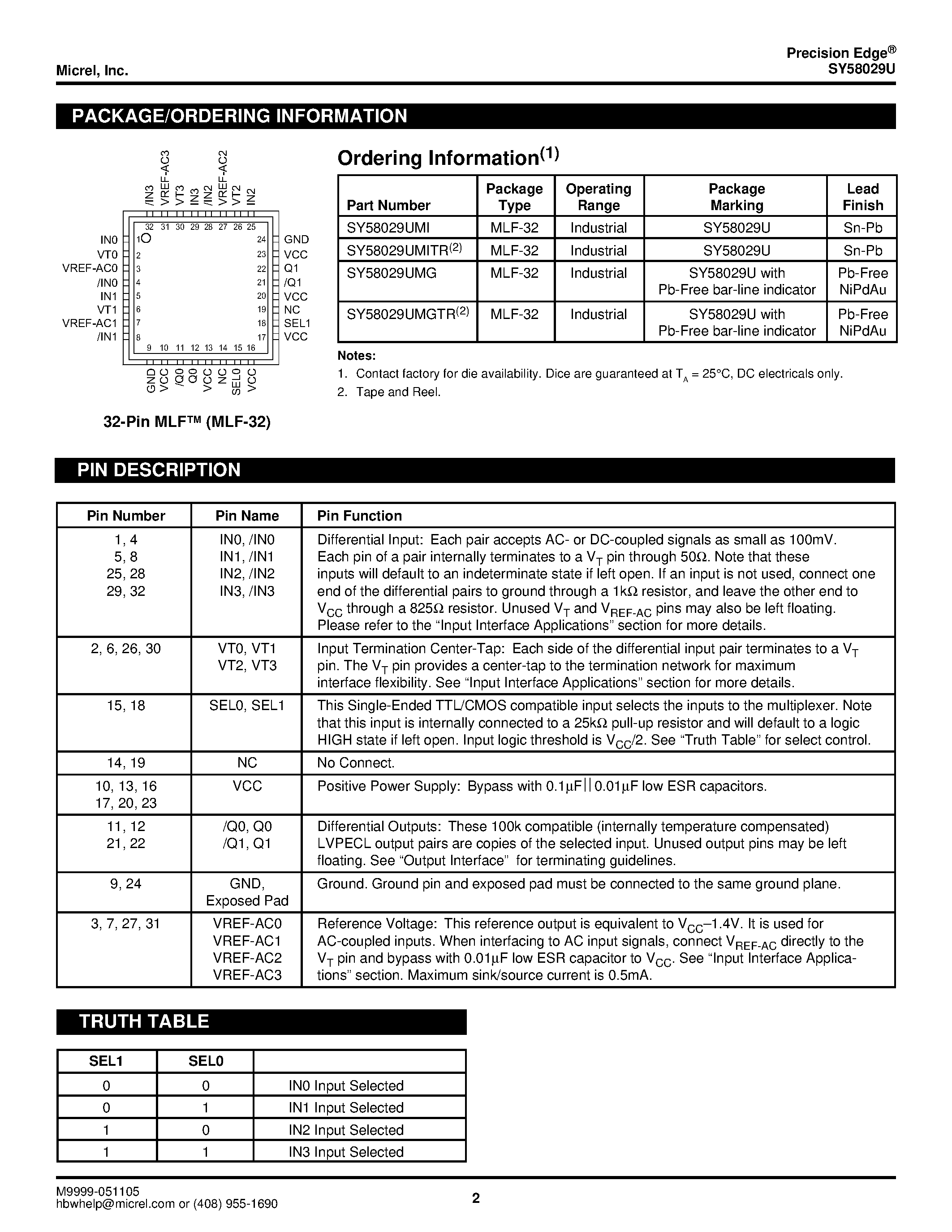 Datasheet SY58029U - ULTRA PRECISION DIFFERENTIAL LVPECL 4:1 MUX page 2
