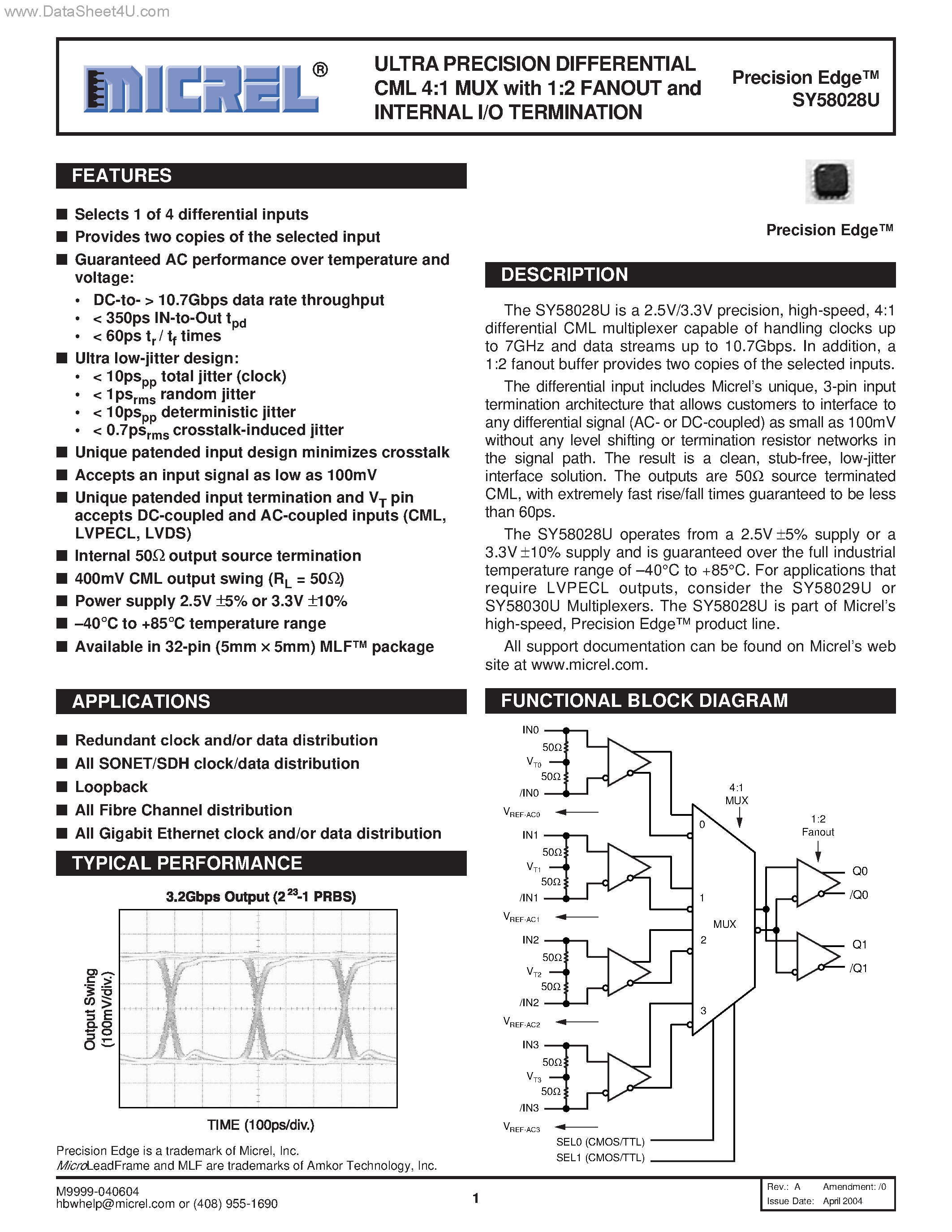 Datasheet SY58028U - ULTRA PRECISION DIFFERENTIAL LVPECL 4:1 MUX page 1