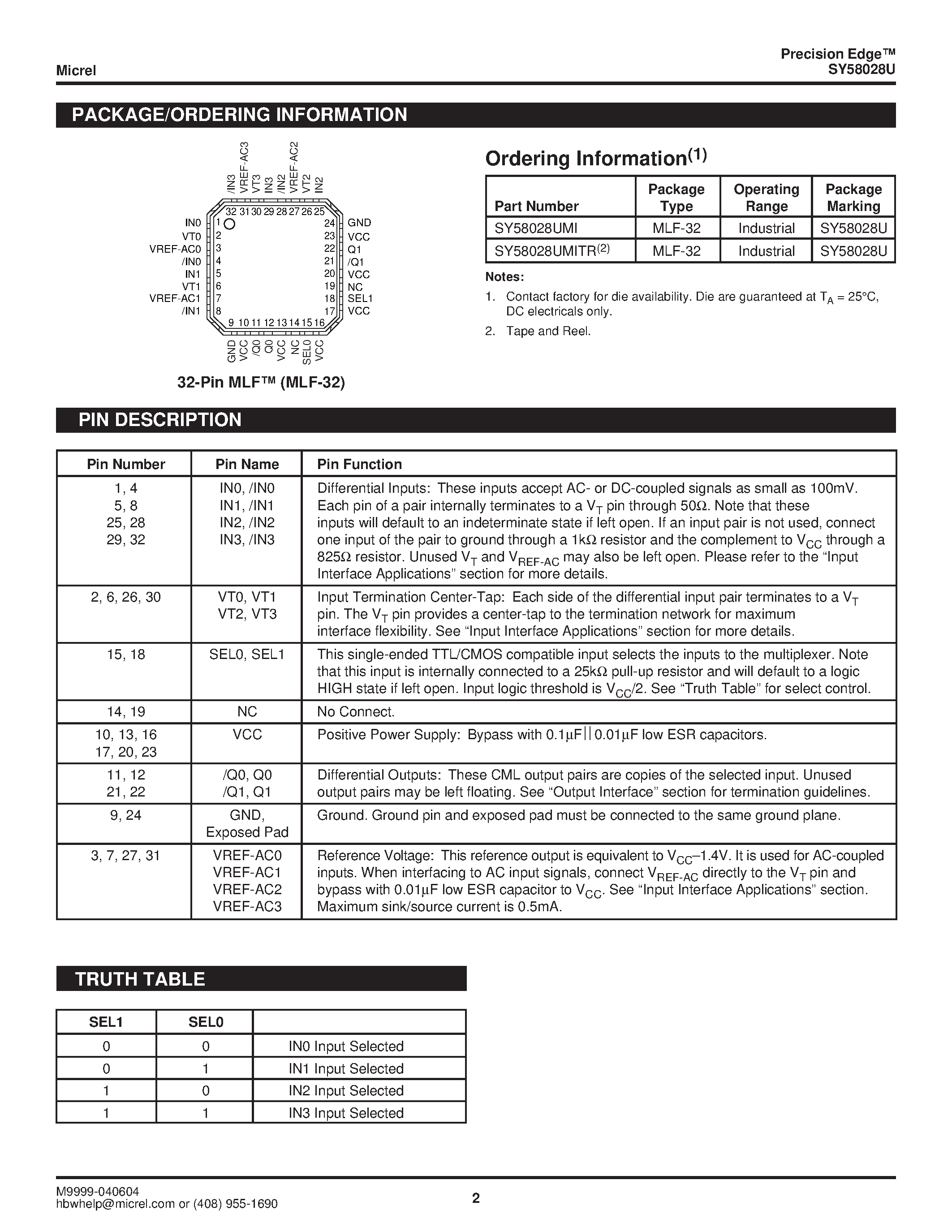 Datasheet SY58028U - ULTRA PRECISION DIFFERENTIAL LVPECL 4:1 MUX page 2