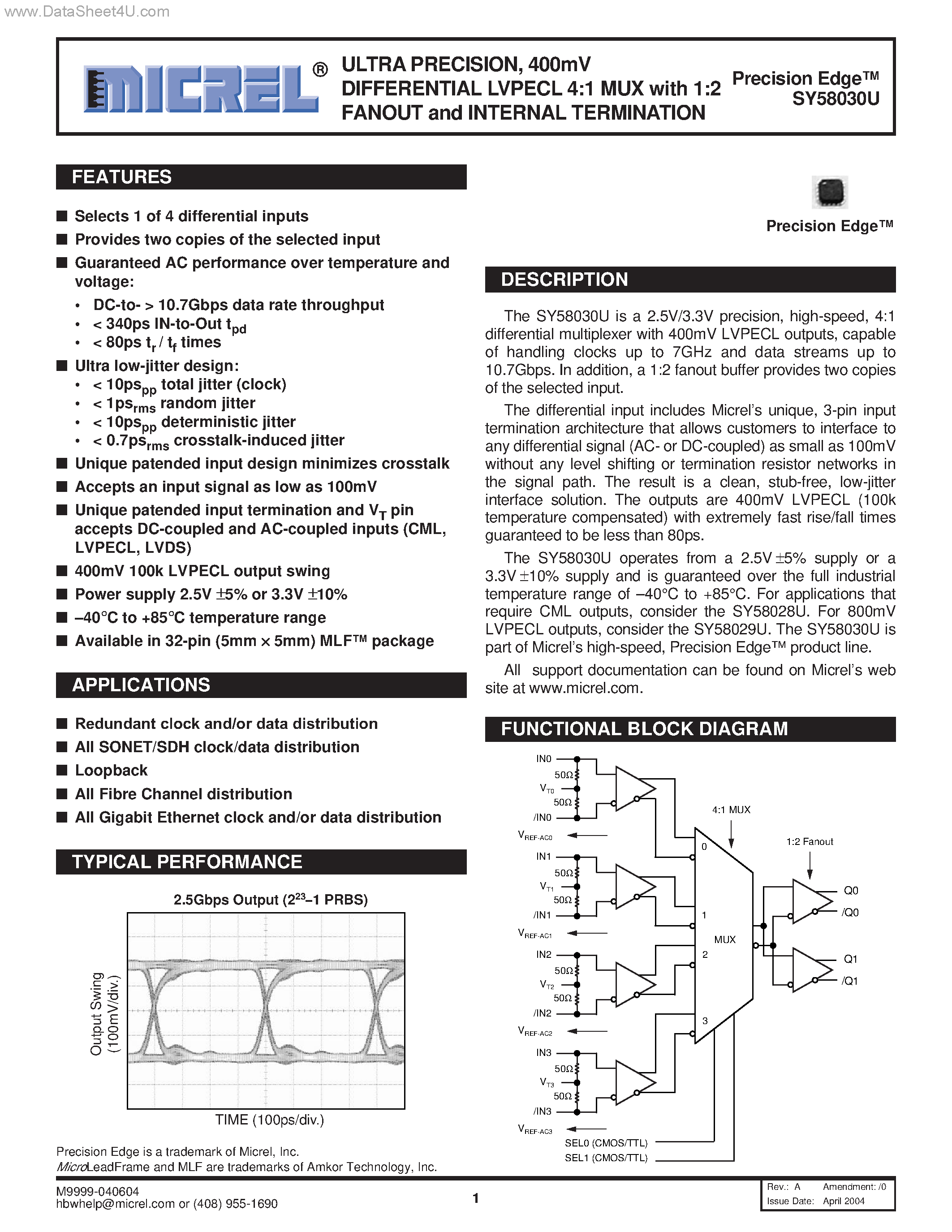 Datasheet SY58030U - ULTRA PRECISION DIFFERENTIAL LVPECL 4:1 MUX page 1