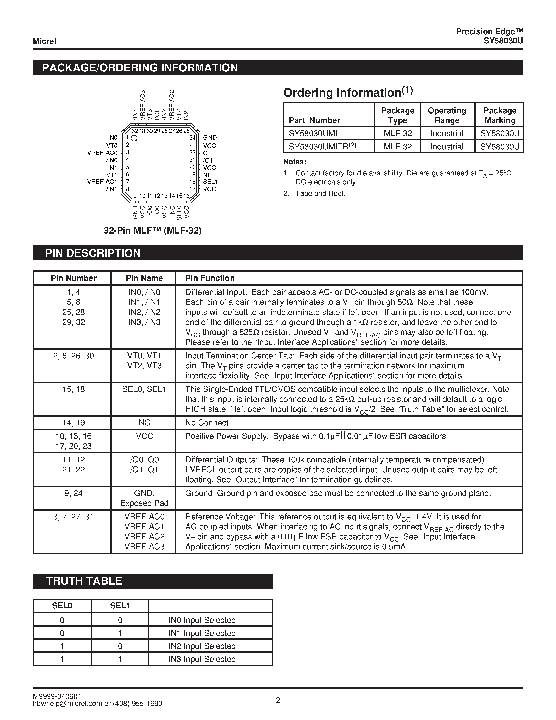 Datasheet SY58030U - ULTRA PRECISION DIFFERENTIAL LVPECL 4:1 MUX page 2
