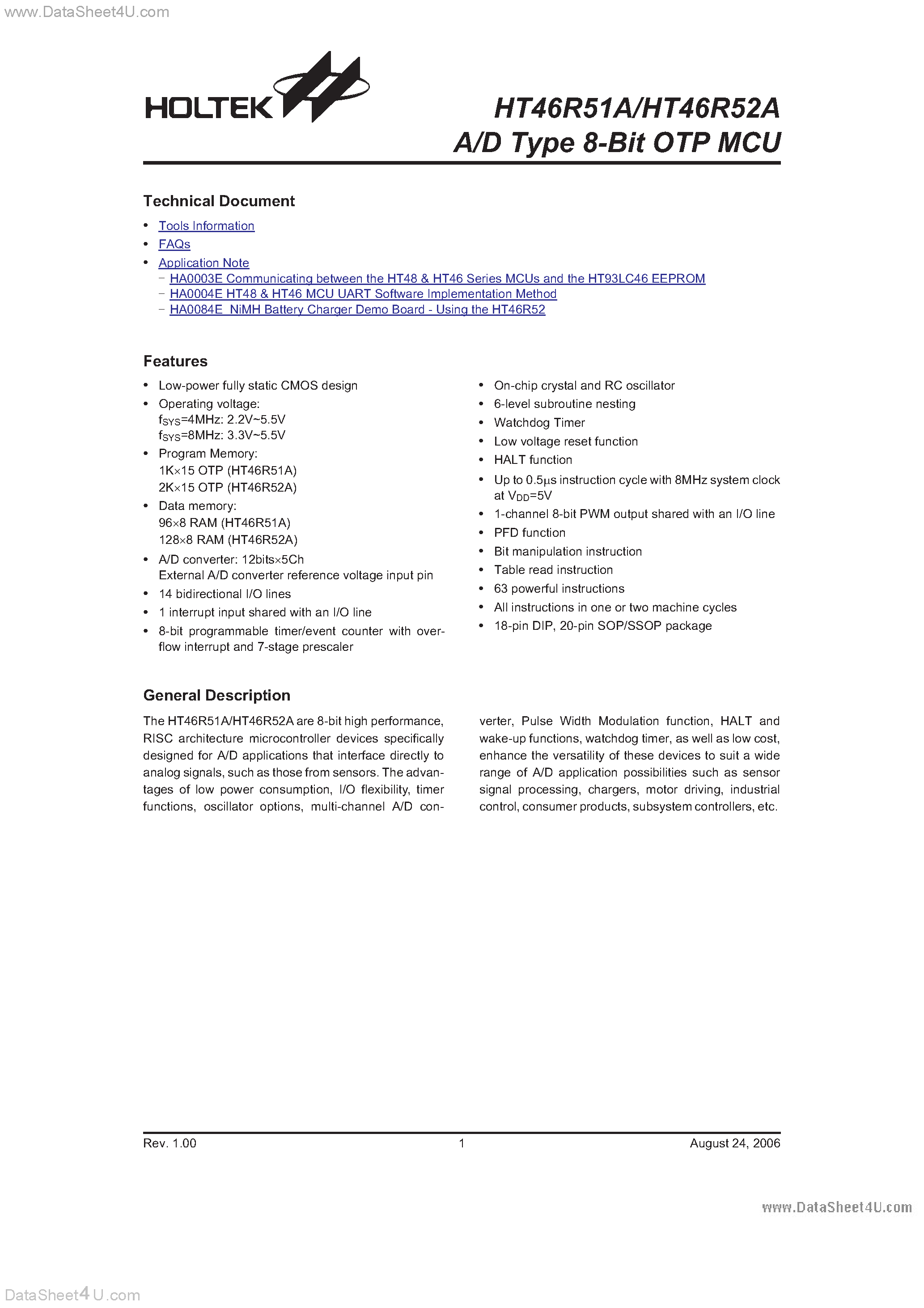 Даташит HT46R51A - (HT46R51A / HT46R52A) A/D Type 8-Bit OTP MCU страница 1