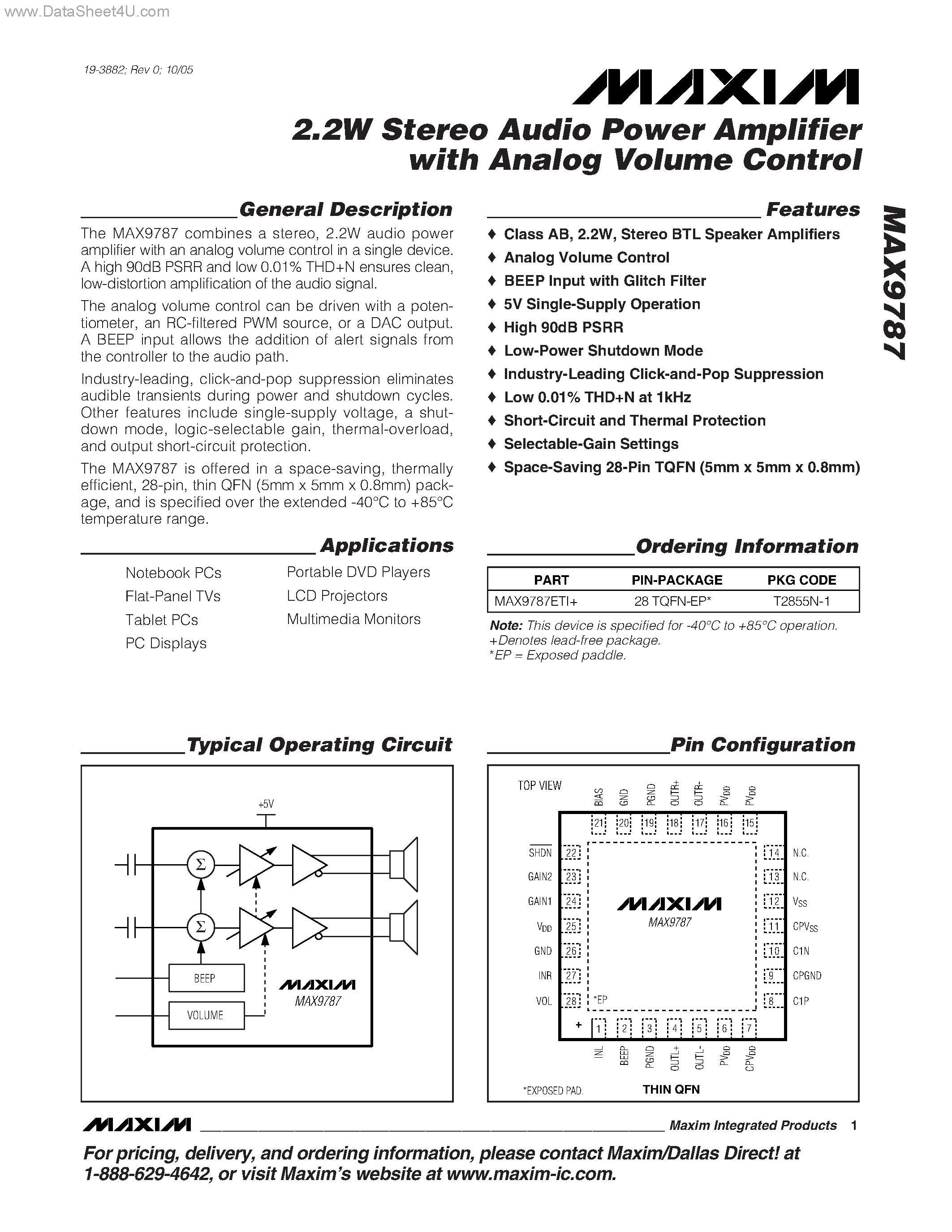Даташит MAX9787 - 2.2W Stereo Audio Power Amplifier страница 1