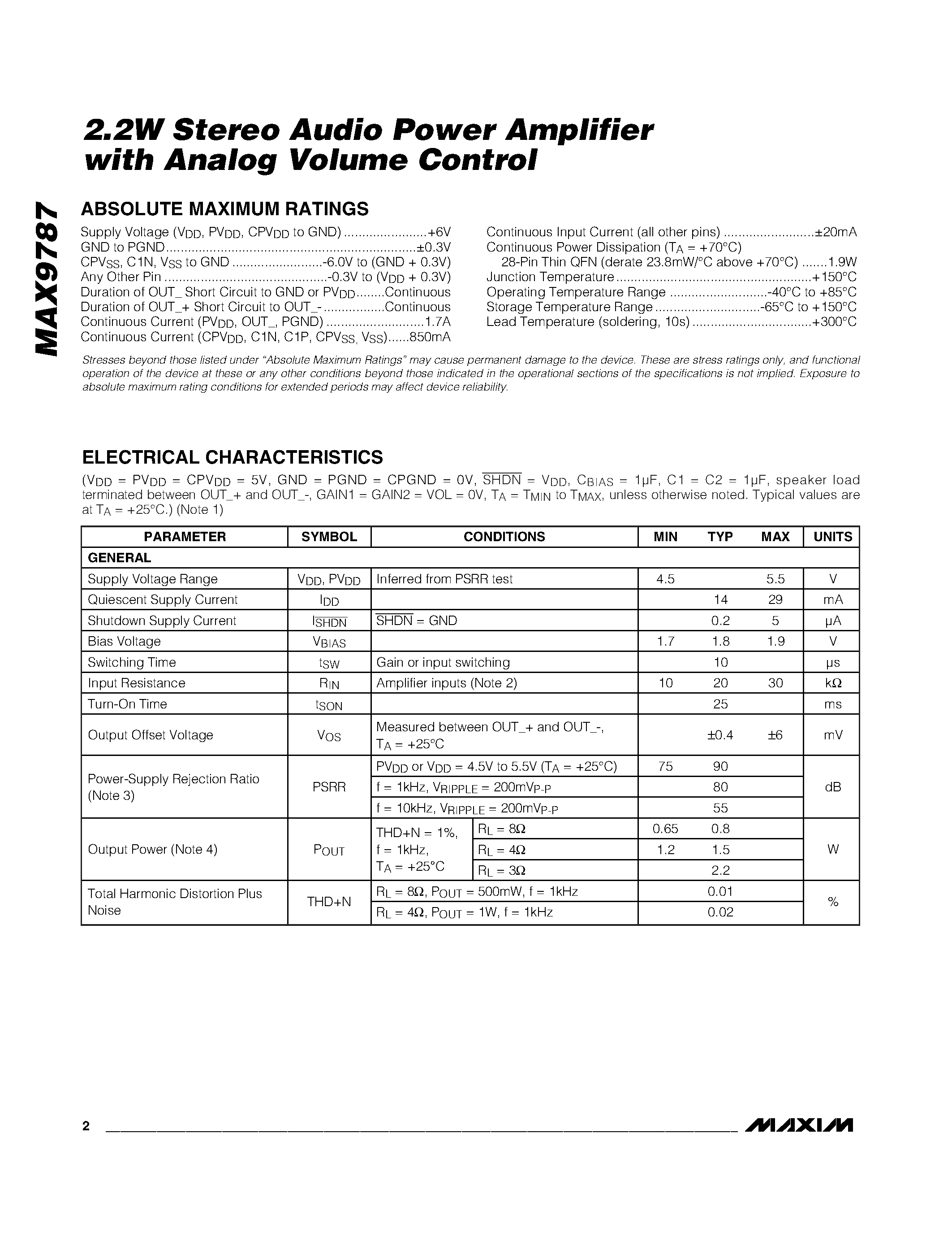 Даташит MAX9787 - 2.2W Stereo Audio Power Amplifier страница 2