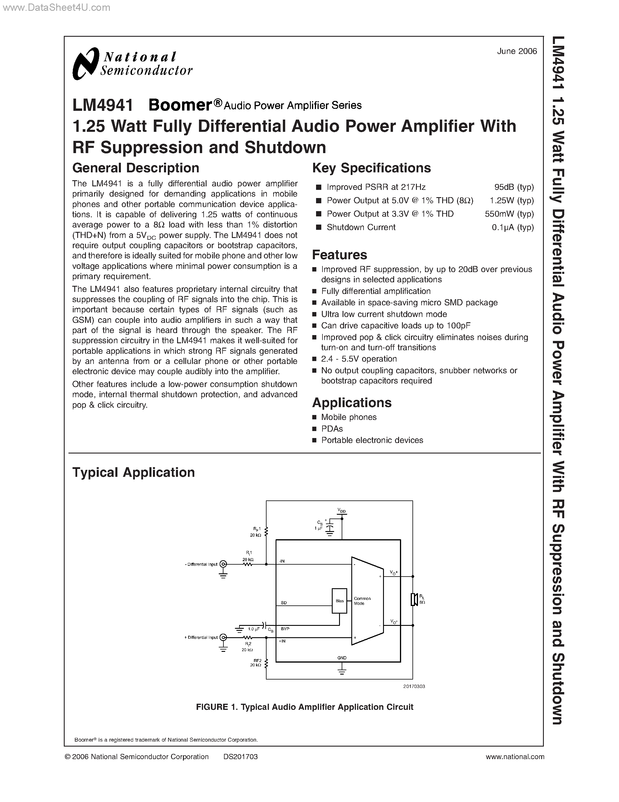 Даташит LM4941 - 1.25 Watt Fully Differential Audio Power Amplifier страница 1