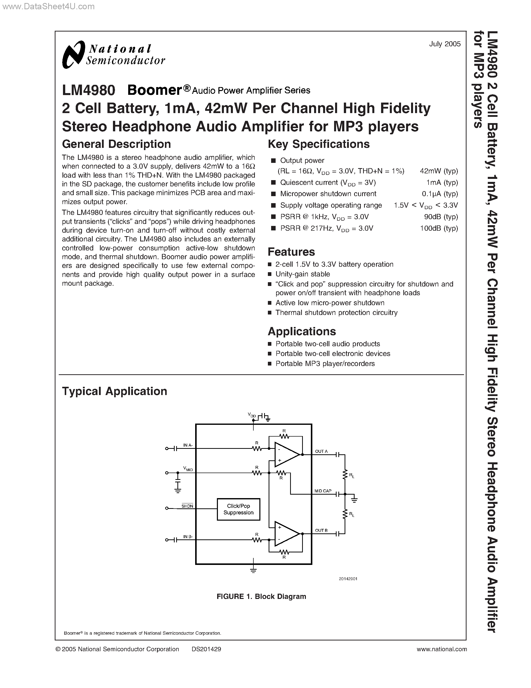 Datasheet LM4980 - High Fidelity Stereo Headphone Audio Amplifier page 1