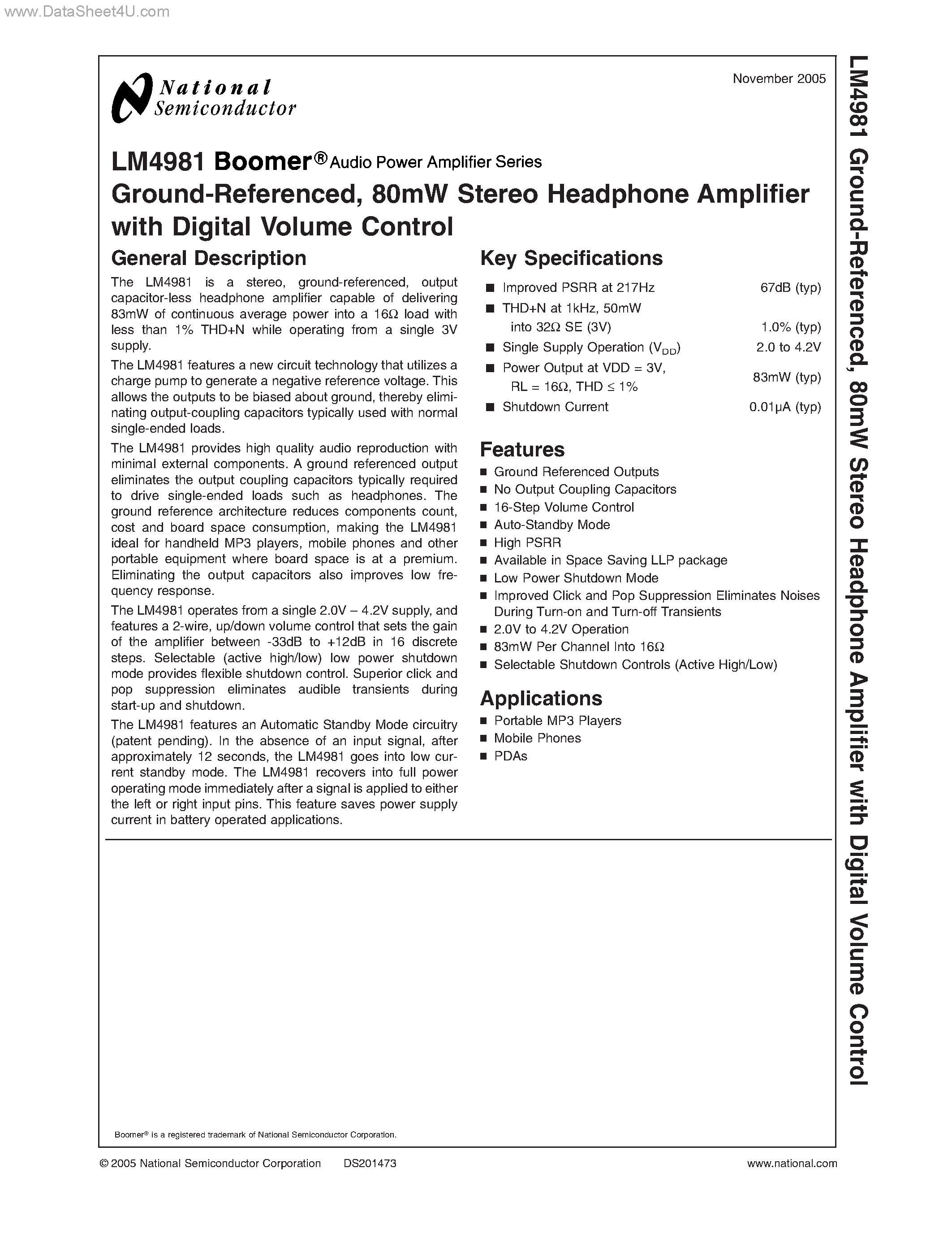 Даташит на микросхему LM4981 страница 1 Даташит LM4981 - 80mW Stereo Headphone Amplifier страница 1