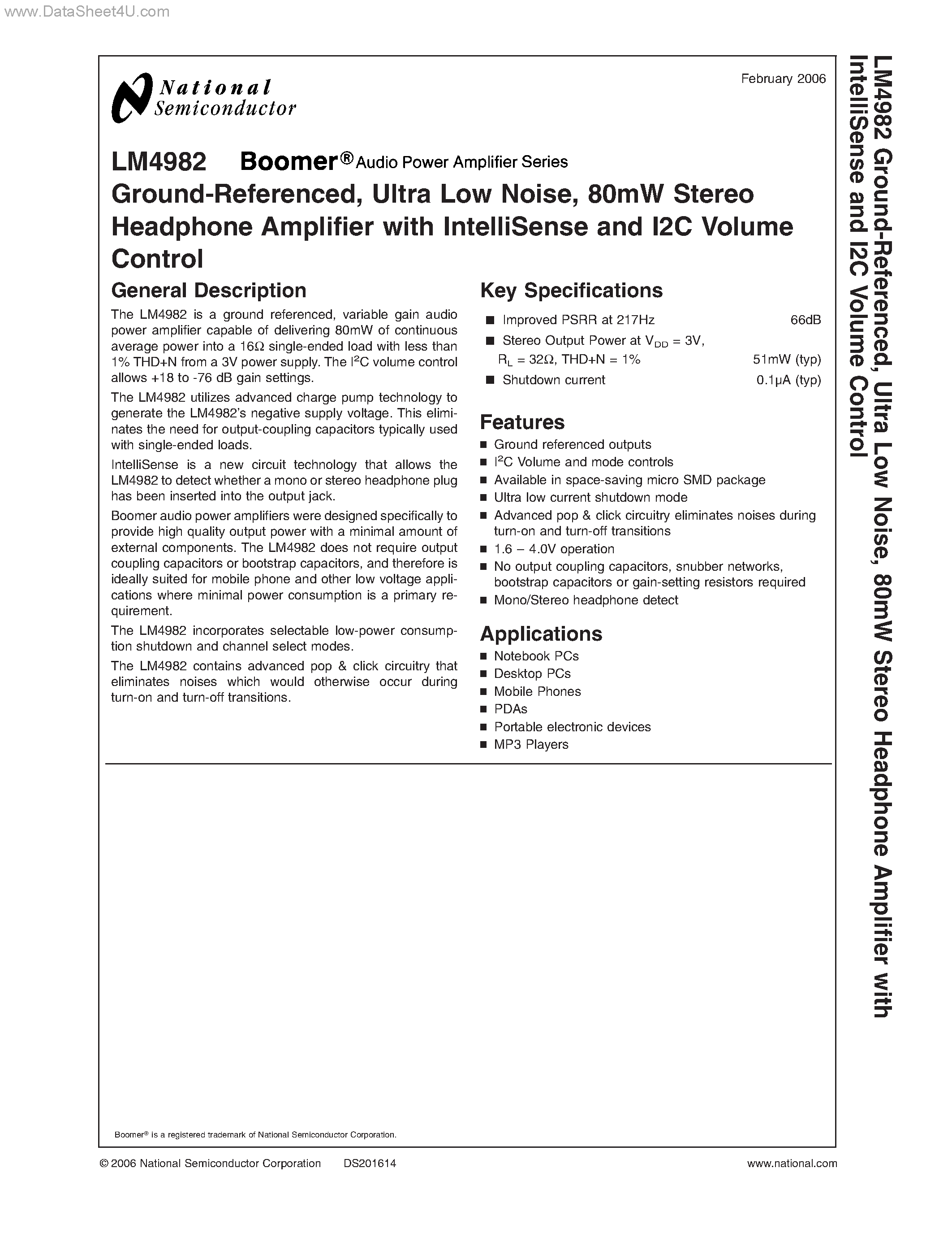 Datasheet LM4982 - Stereo Headphone Amplifier page 1