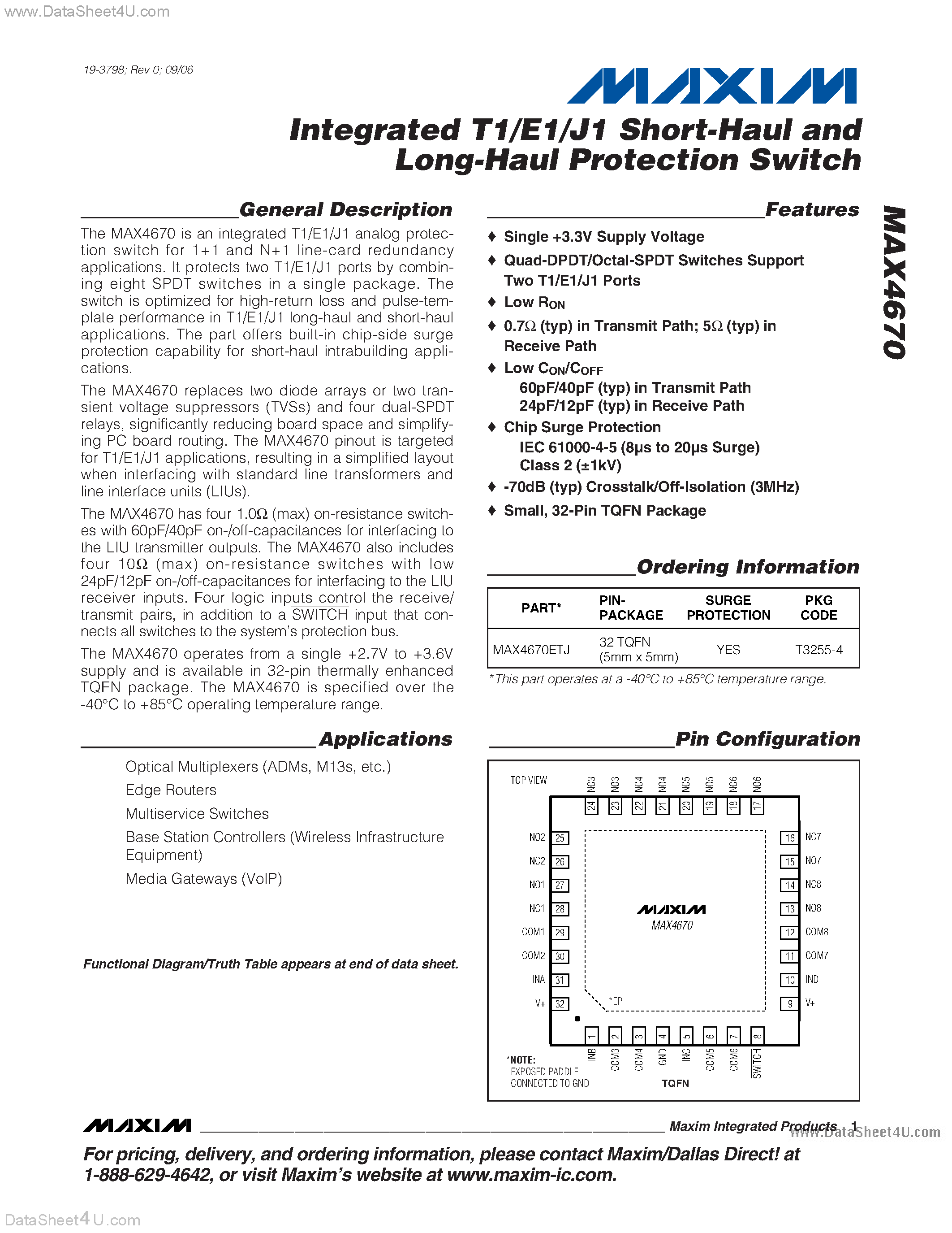 Datasheet MAX4670 - Short Haul And Long Haul Protection Switch page 1