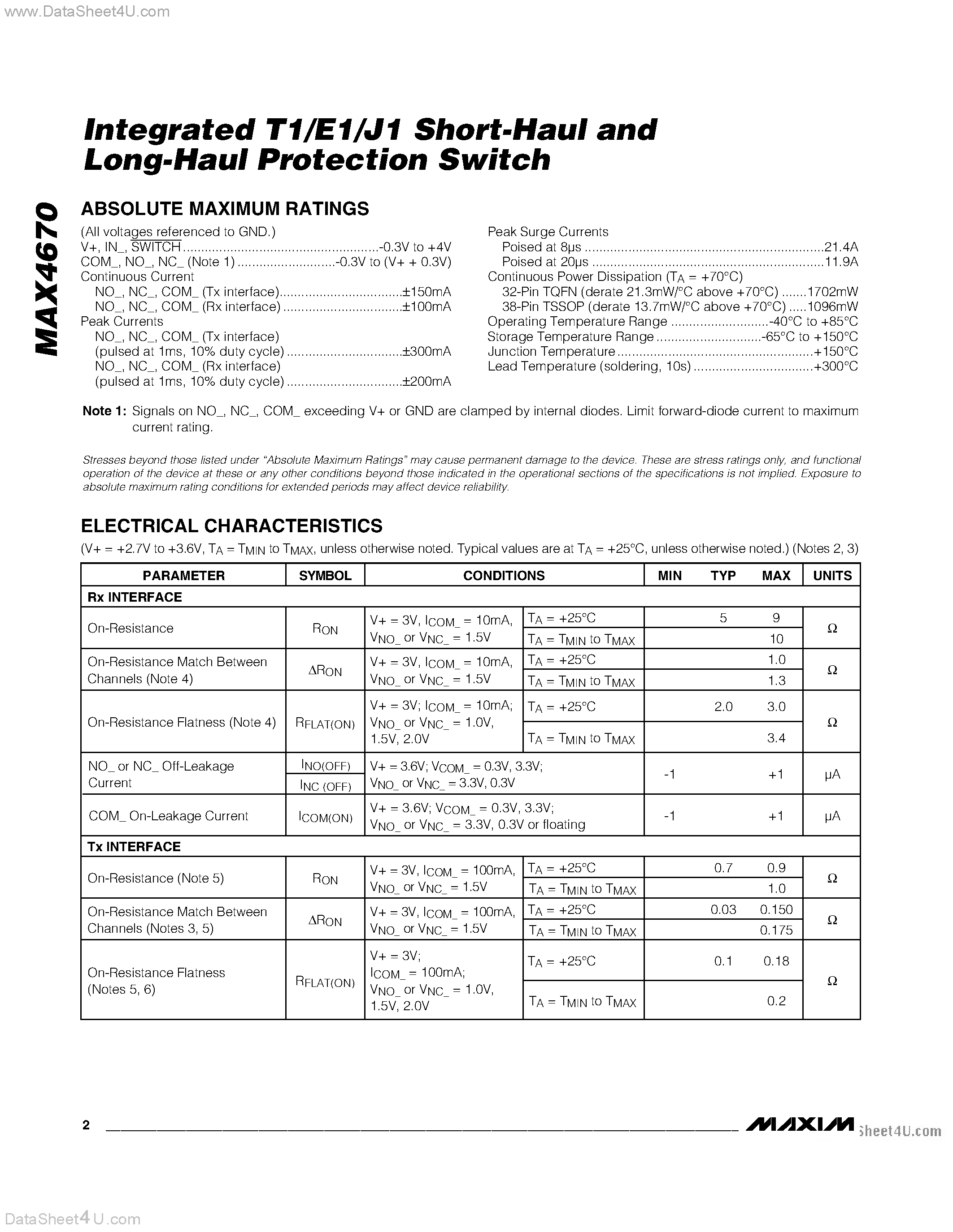 Datasheet MAX4670 - Short Haul And Long Haul Protection Switch page 2