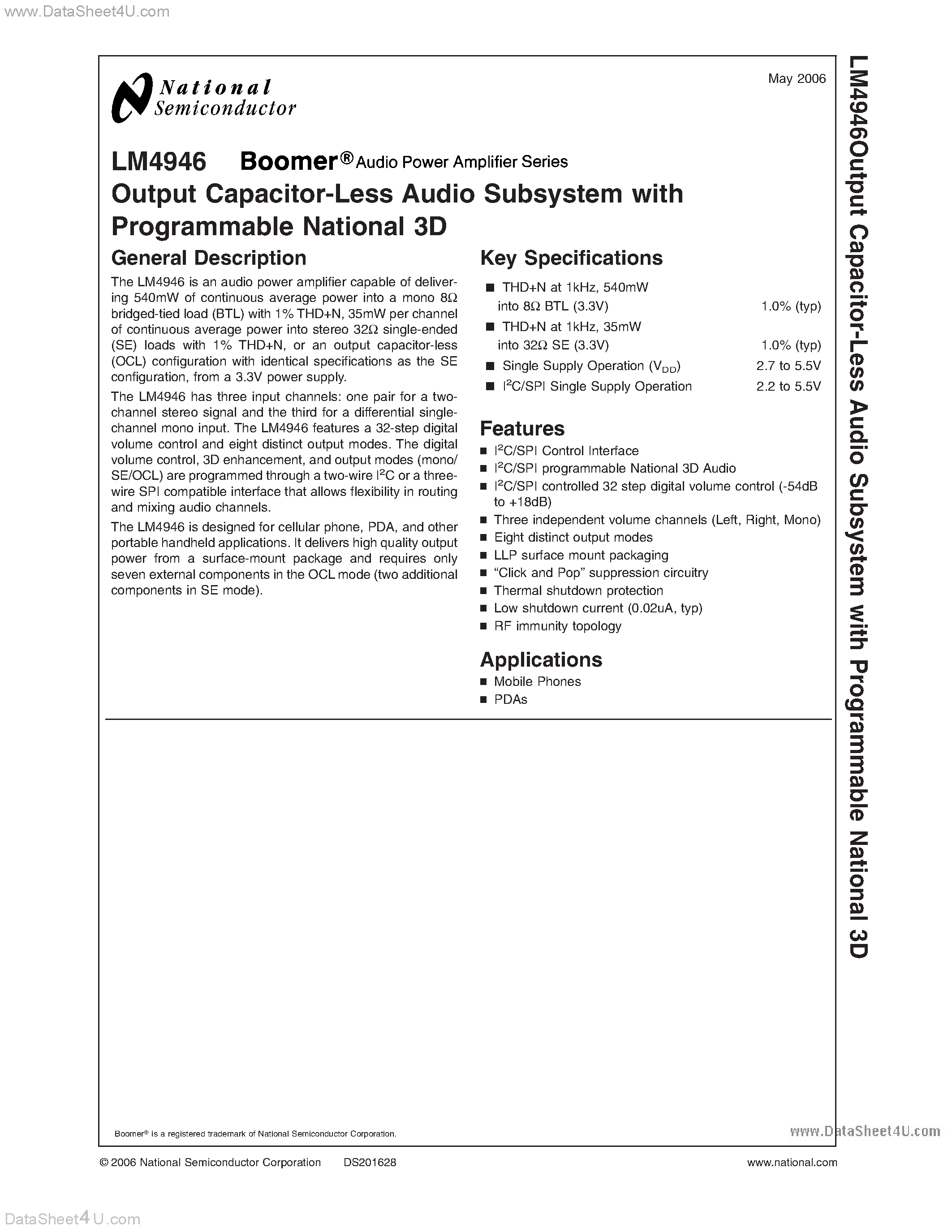Даташит LM4946 - Output Capacitor Less Audio Subsystem страница 1