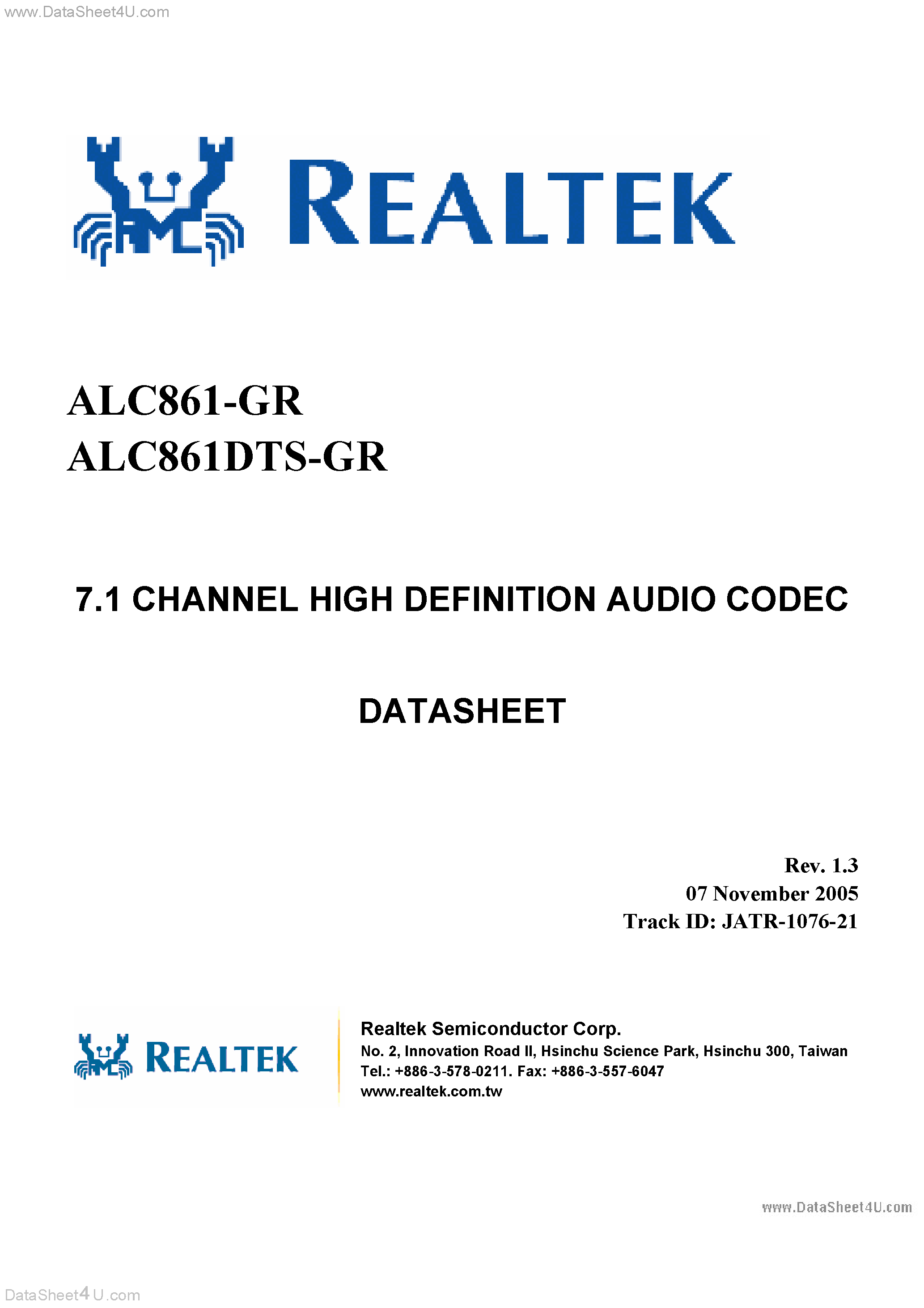 Datasheet ALC861 page 1 Datasheet ALC861 - 7.1 Channel High Definition Audio Codec page 1