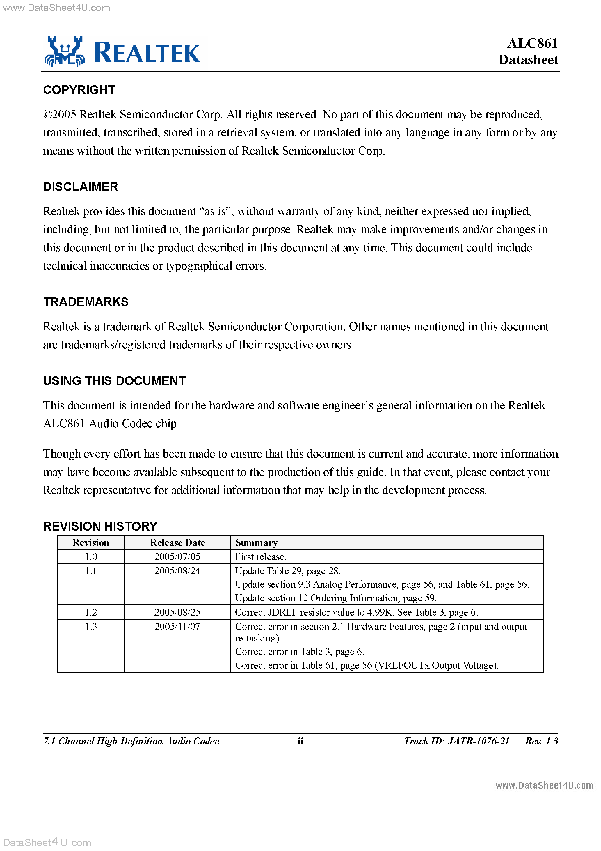 Datasheet ALC861 page 2 Datasheet ALC861 - 7.1 Channel High Definition Audio Codec page 2