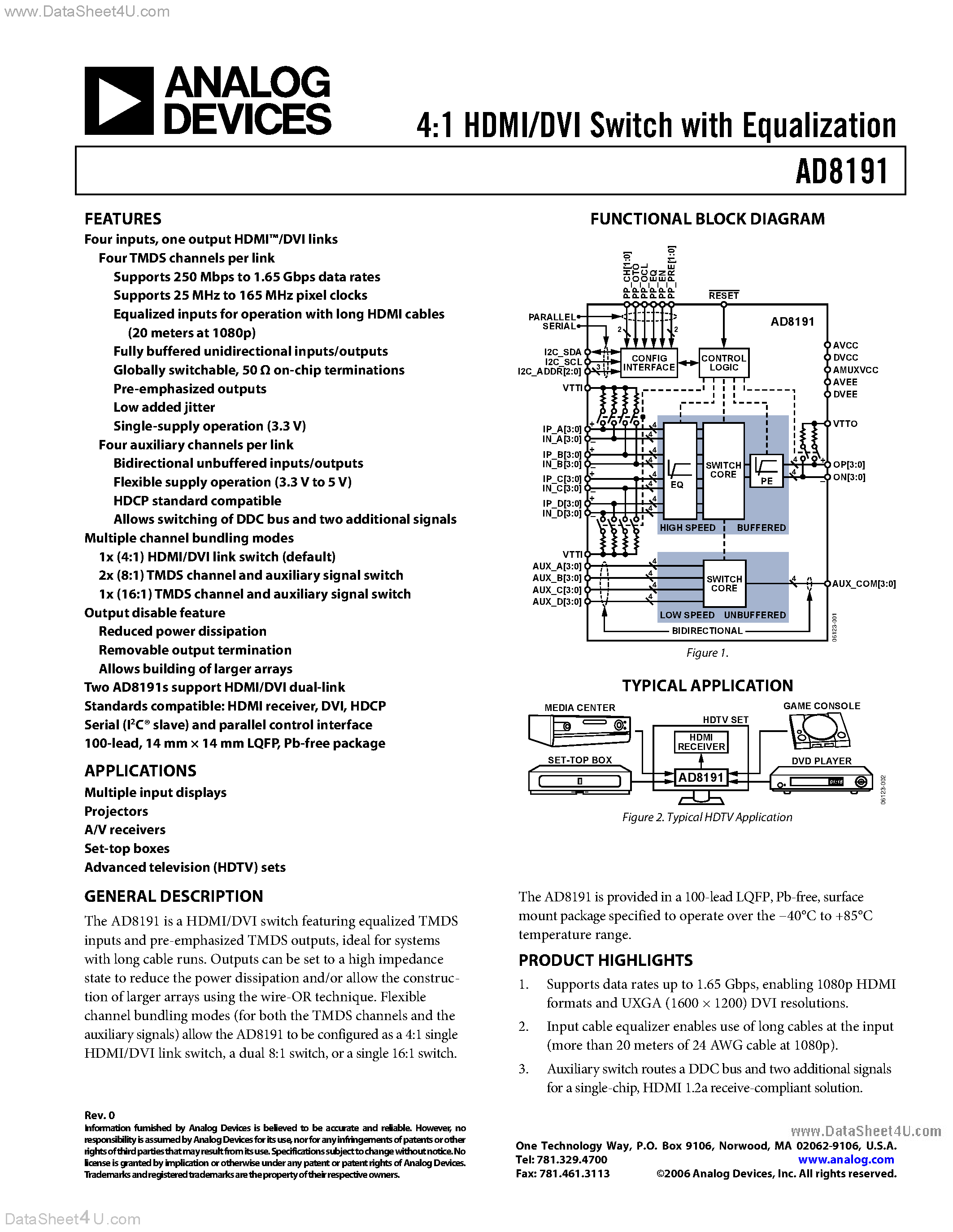 Datasheet AD8191 page 1 Datasheet AD8191 - HDMI/DVI Switch page 1