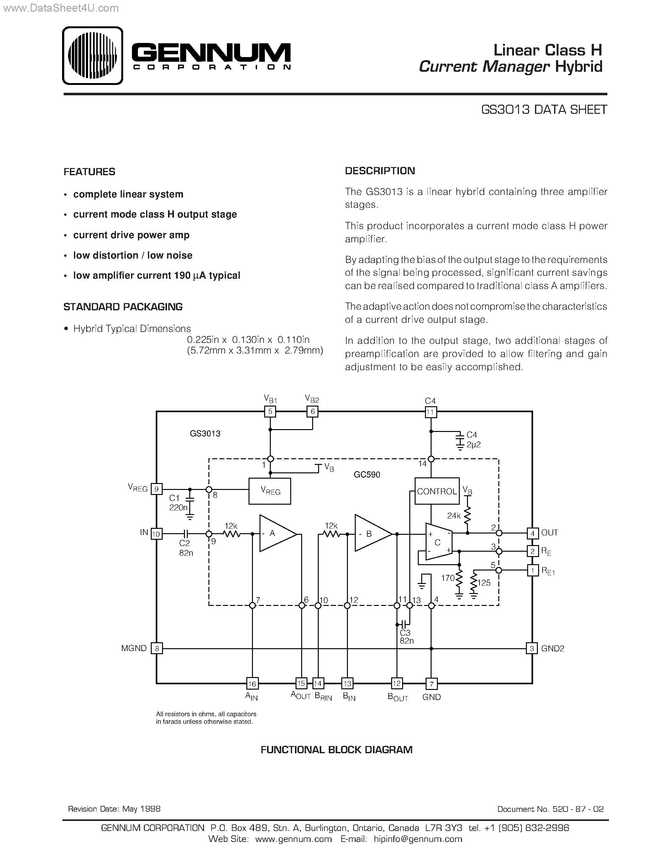 Datasheet GS3013 page 1 Datasheet GS3013 - Linear Class H Current Manager Hybrid page 1