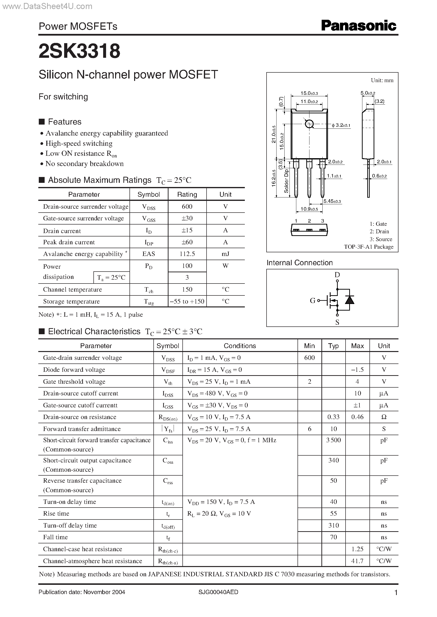 Datasheet 2SK3318 - Silicon N-channel power MOSFET page 1