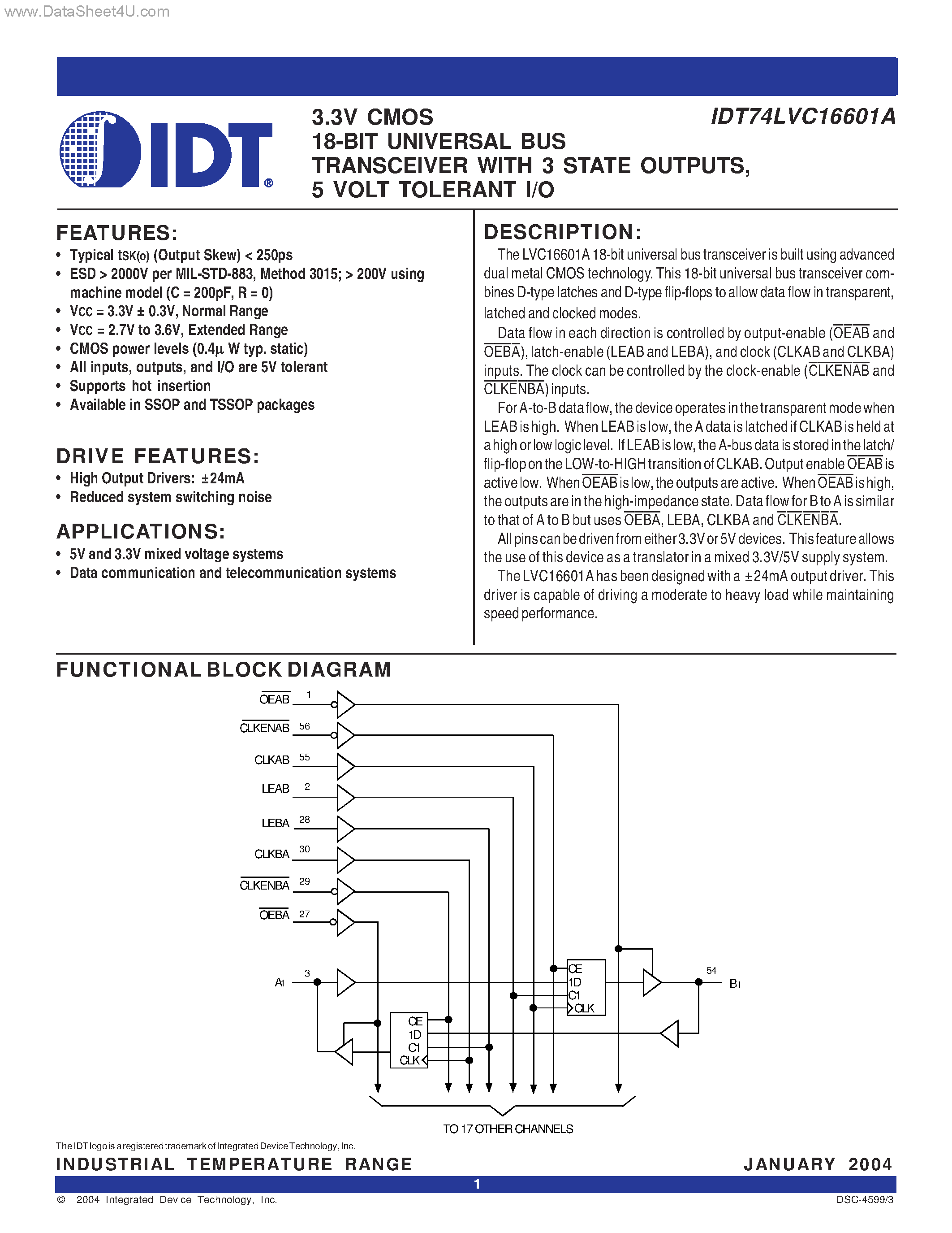 Datasheet IDT74LVC16601A - 3.3V CMOS 18-BIT UNIVERSAL BUS TRANSCEIVER page 1