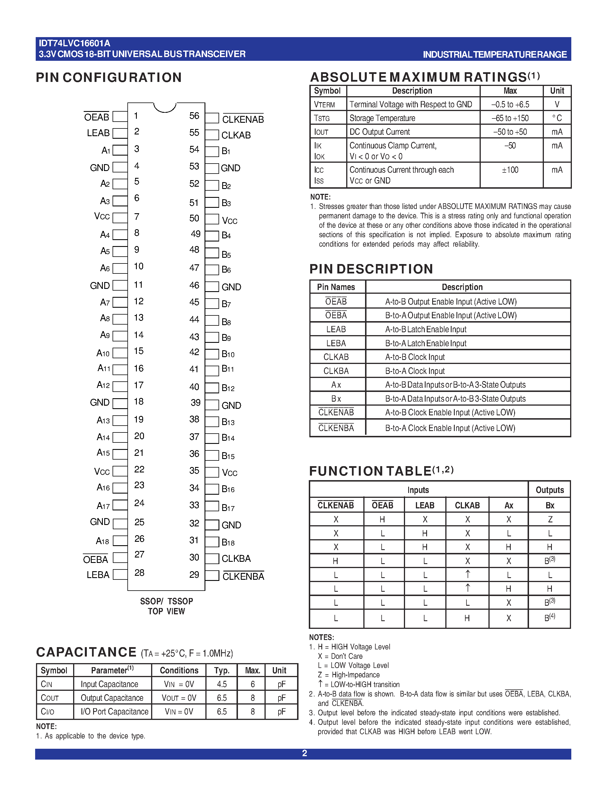 Datasheet IDT74LVC16601A - 3.3V CMOS 18-BIT UNIVERSAL BUS TRANSCEIVER page 2