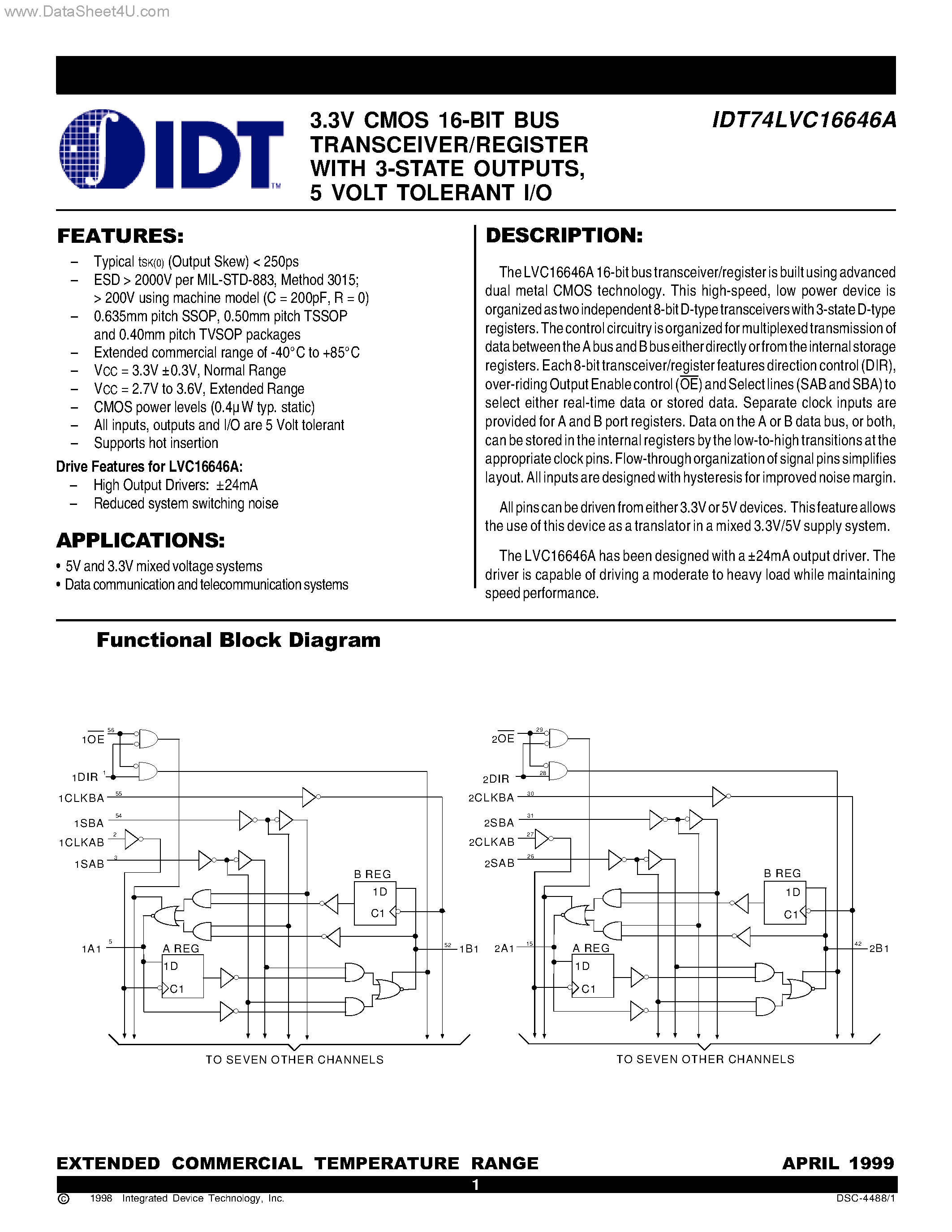 Datasheet IDT74LVC16646A - 3.3V CMOS 16-BIT BUS TRANSCEIVER/REGISTER page 1