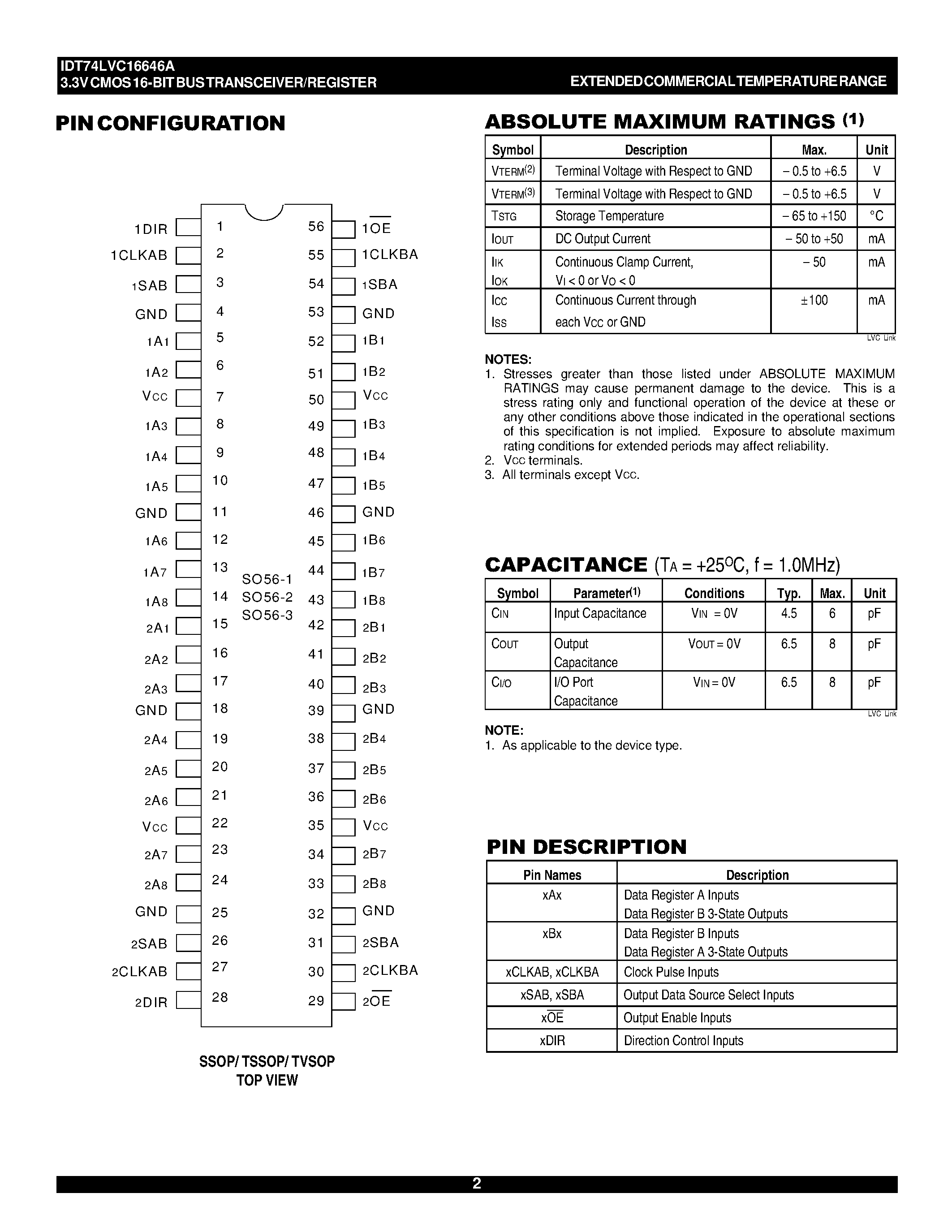 Datasheet IDT74LVC16646A - 3.3V CMOS 16-BIT BUS TRANSCEIVER/REGISTER page 2