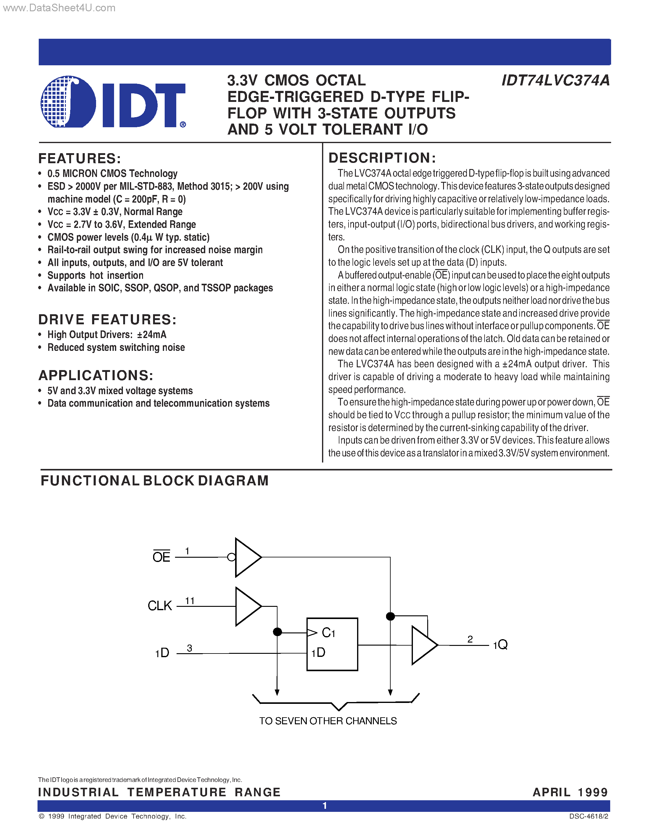 Datasheet IDT74LVC374A - 3.3V CMOS OCTAL EDGE-TRIGGERED D-TYPE FLIP-FLOP page 1