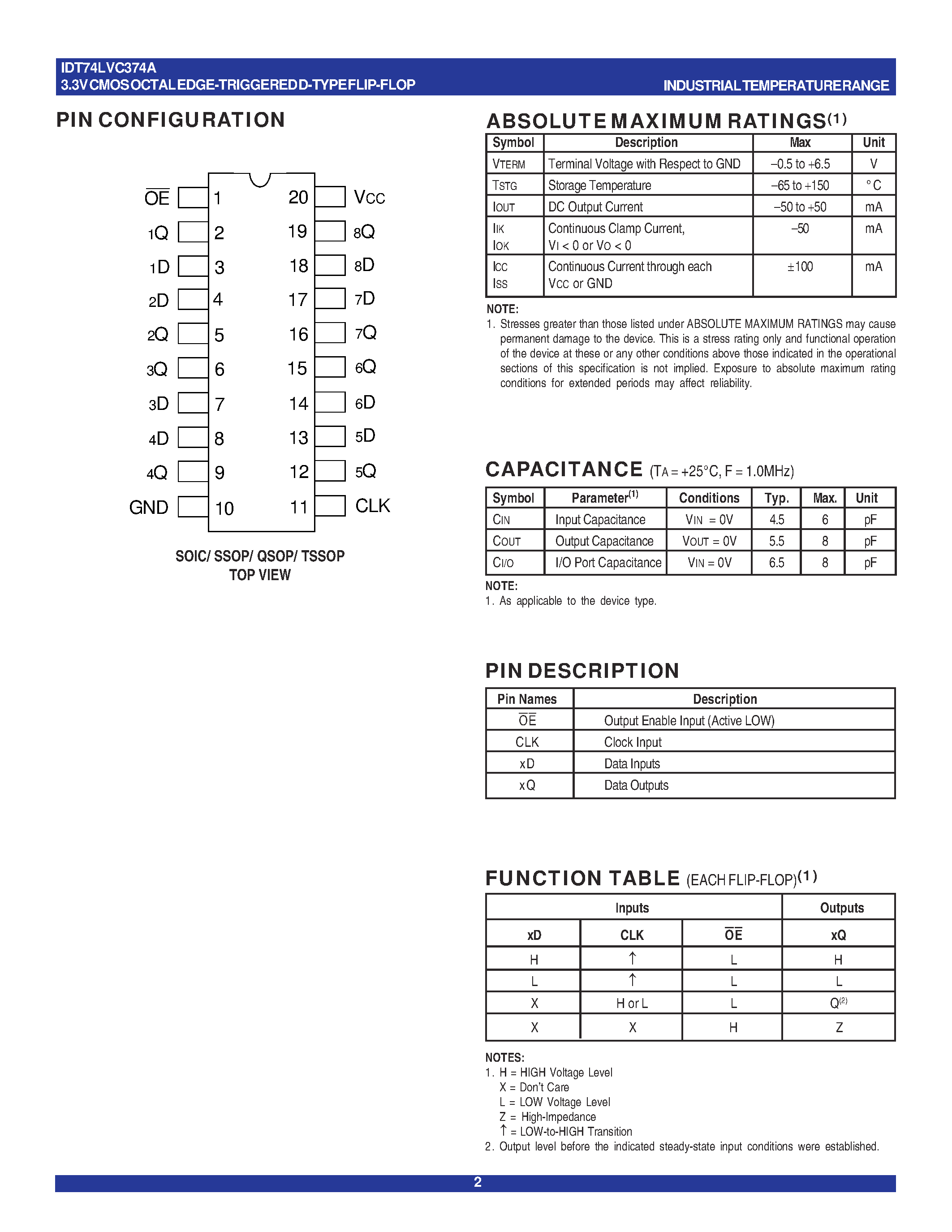 Datasheet IDT74LVC374A - 3.3V CMOS OCTAL EDGE-TRIGGERED D-TYPE FLIP-FLOP page 2