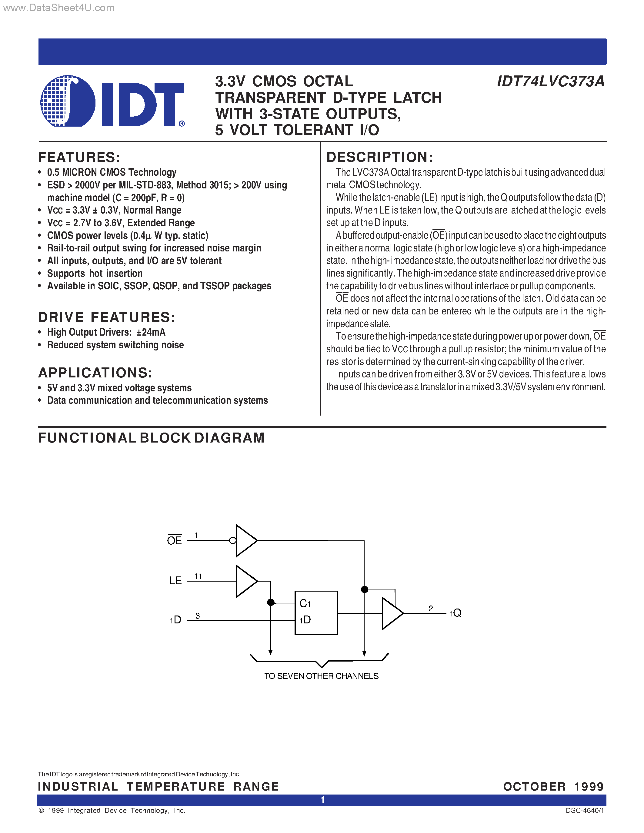 Datasheet IDT74LVC373A - 3.3V CMOS OCTAL TRANSPARENT D-TYPE LATCH page 1