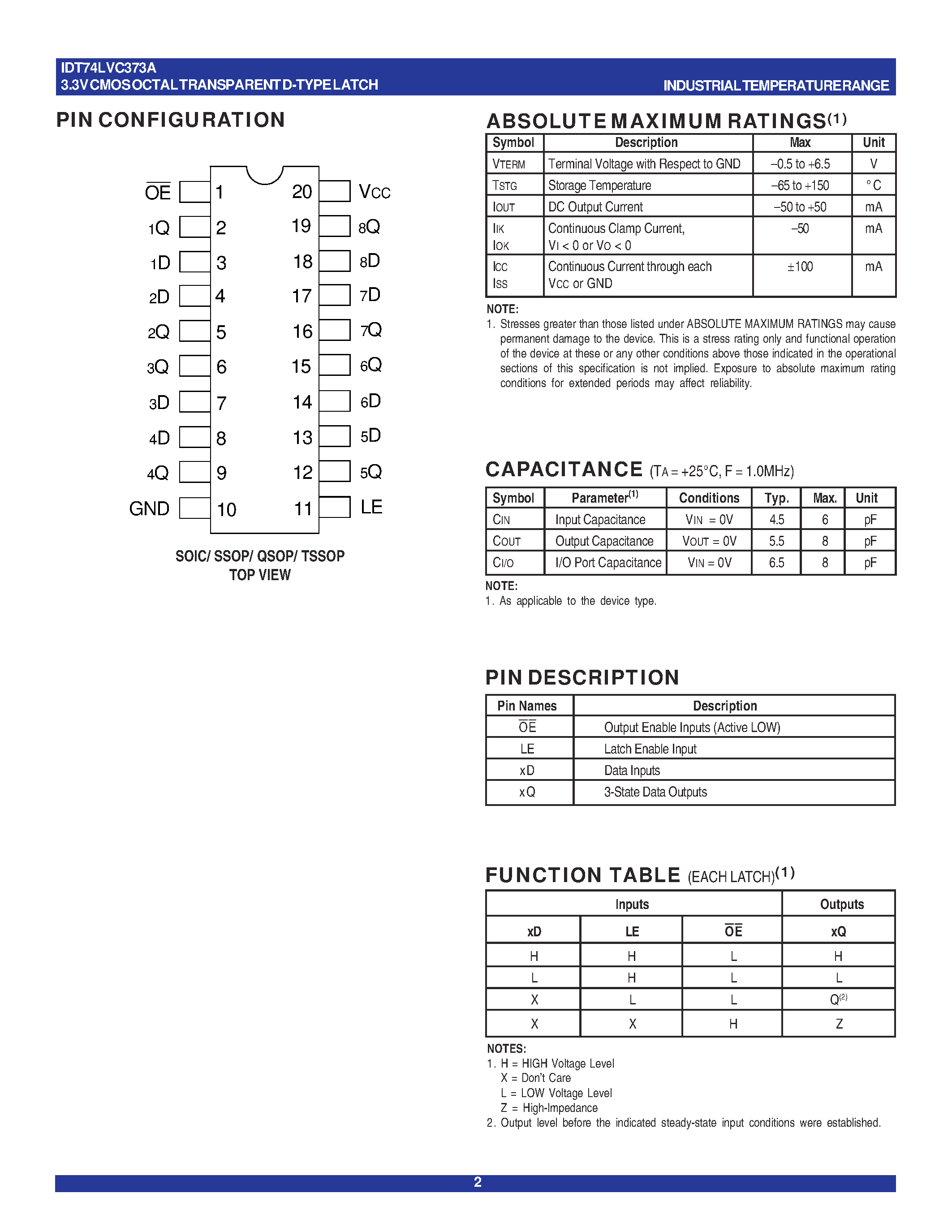 Datasheet IDT74LVC373A - 3.3V CMOS OCTAL TRANSPARENT D-TYPE LATCH page 2