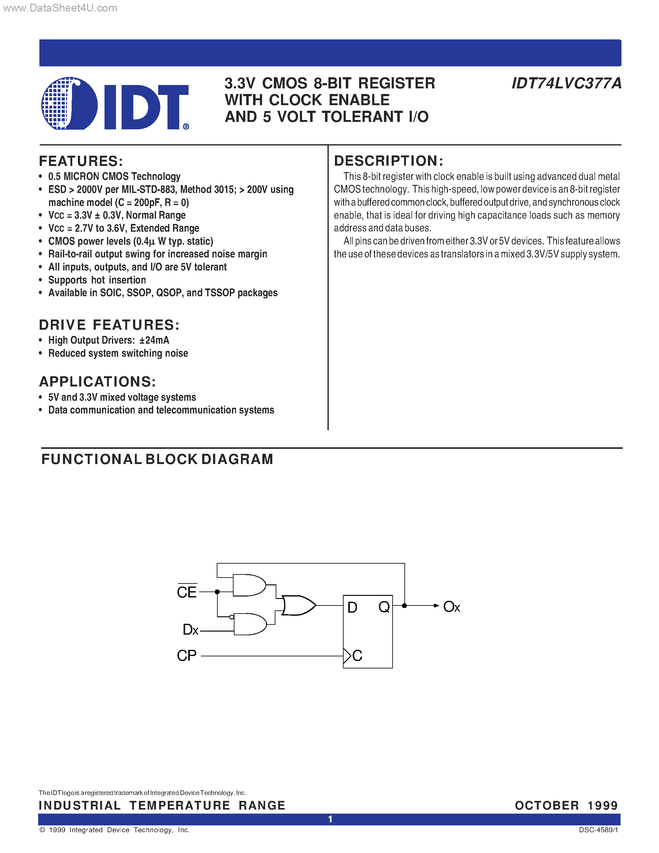 Datasheet IDT74LVC377A - 3.3V CMOS 8-BIT REGISTER page 1