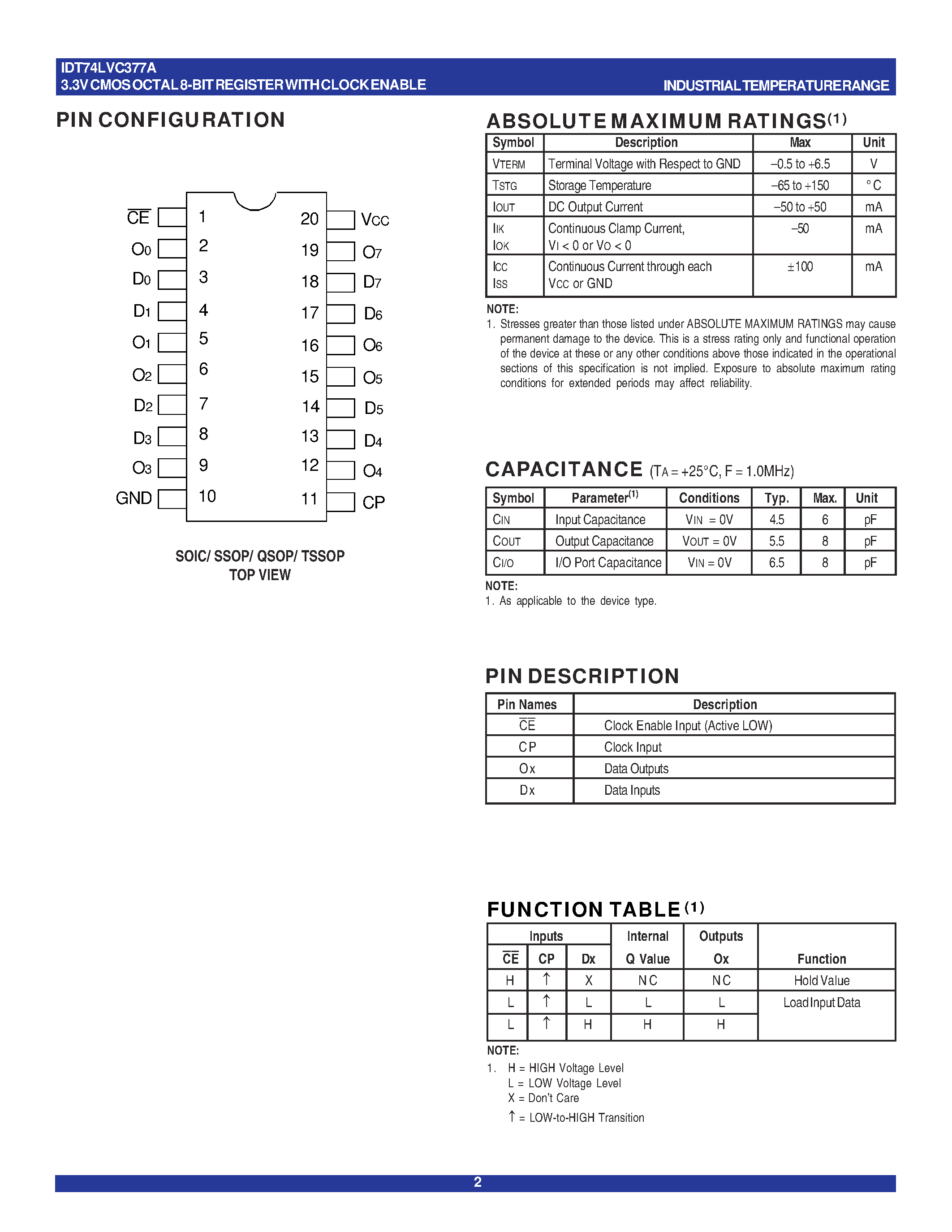 Datasheet IDT74LVC377A - 3.3V CMOS 8-BIT REGISTER page 2