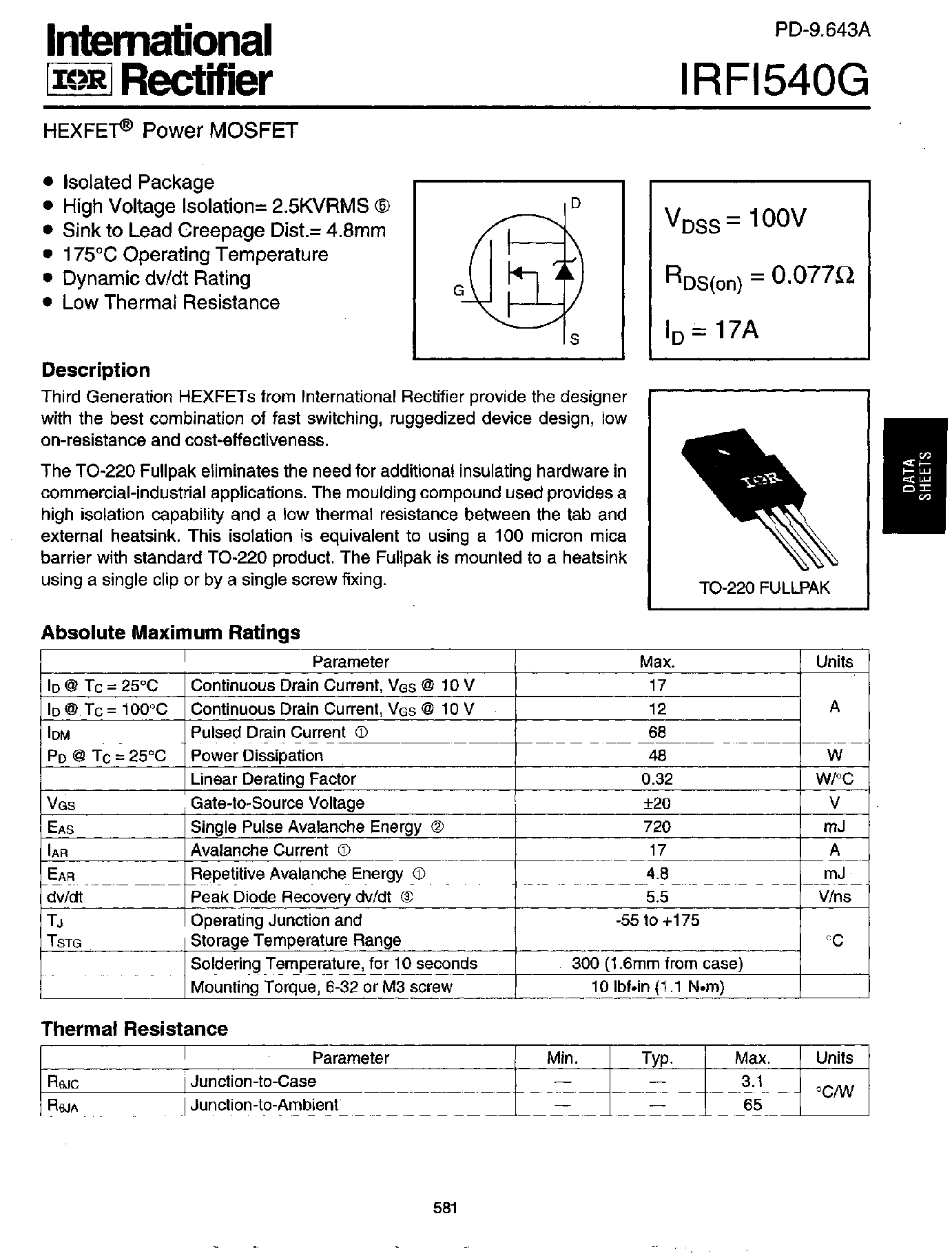 Datasheet IRFI540G - HEXFET POWER MOSFET page 1