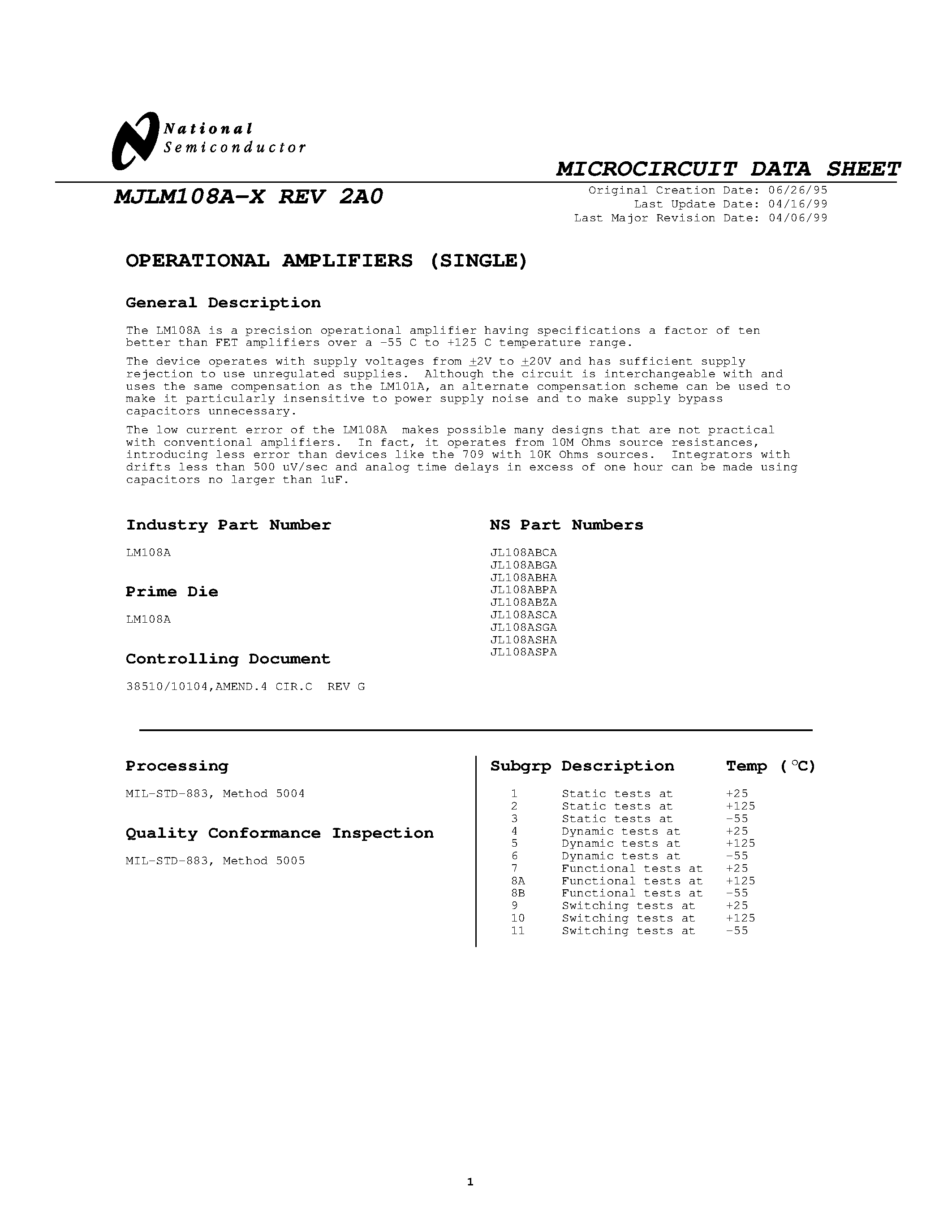 Datasheet MJLM108A-X page 1 Datasheet MJLM108A-X - OPERATIONAL AMPLIFIERS page 1