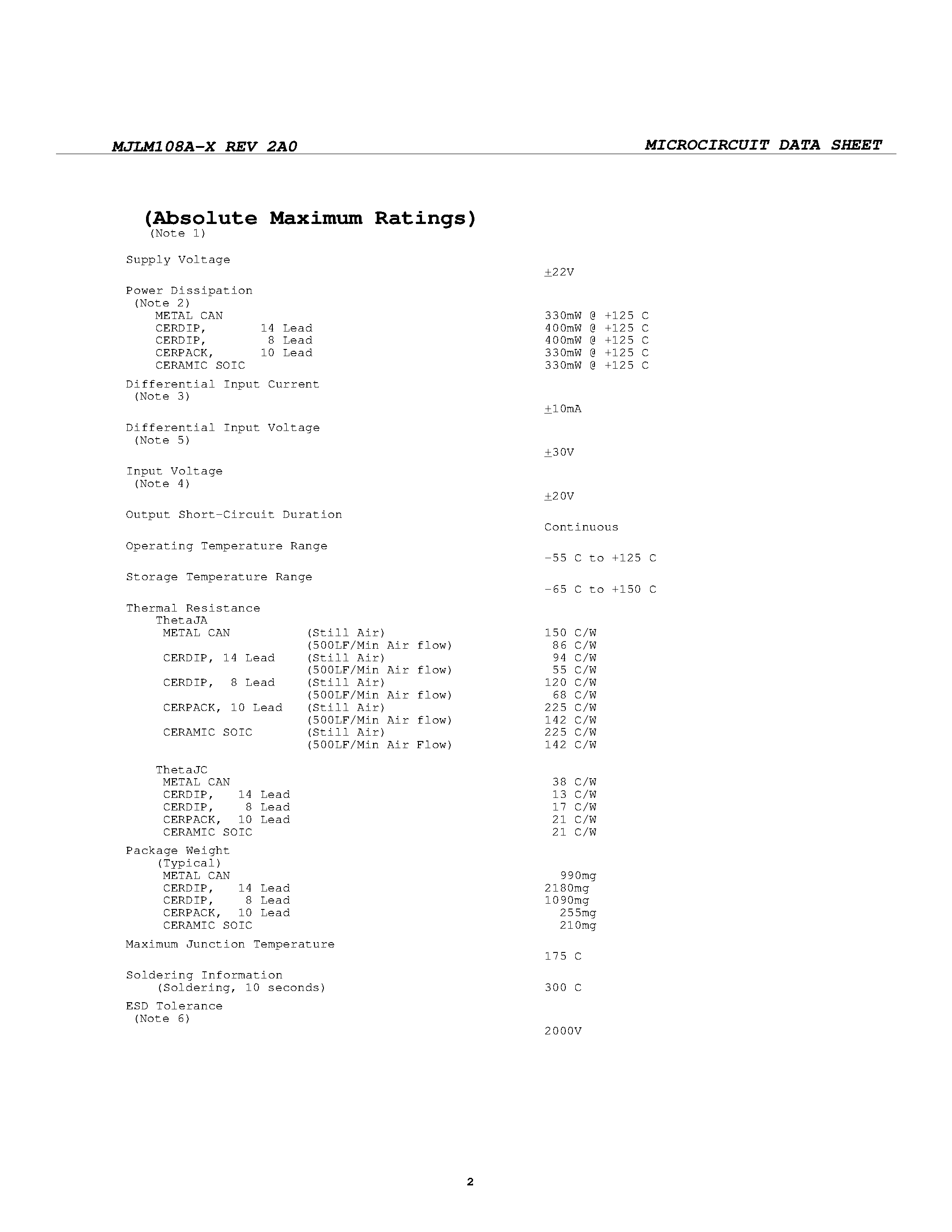 Datasheet MJLM108A-X page 2 Datasheet MJLM108A-X - OPERATIONAL AMPLIFIERS page 2