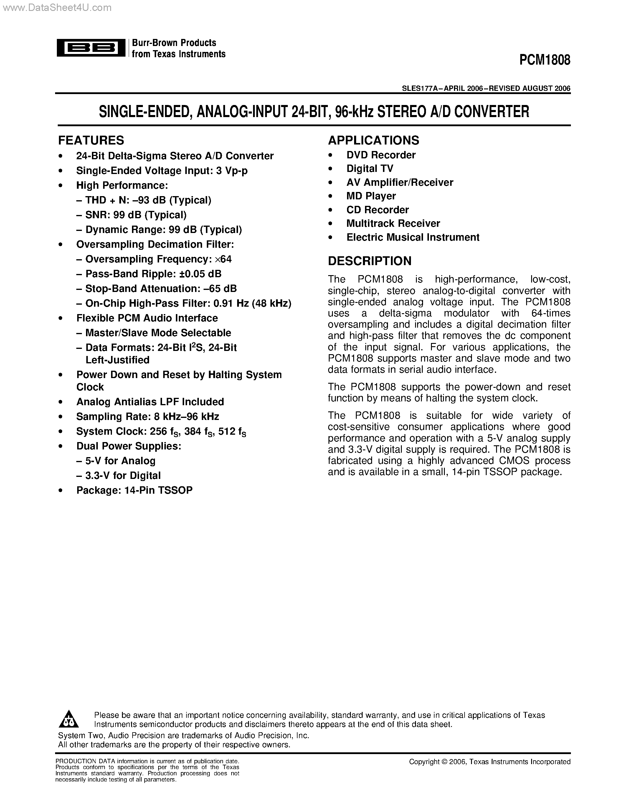 Даташит PCM1808 - STEREO A/D CONVERTER страница 1