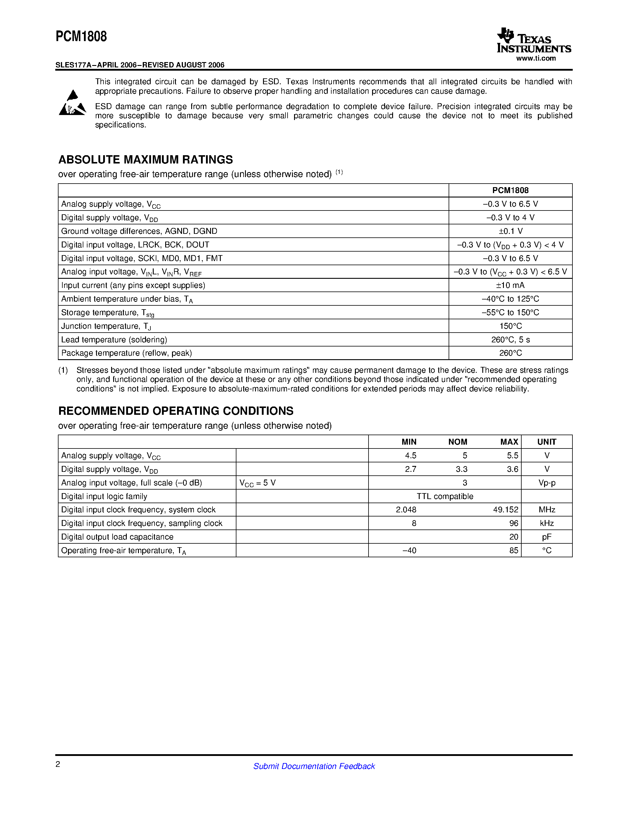 Даташит PCM1808 - STEREO A/D CONVERTER страница 2