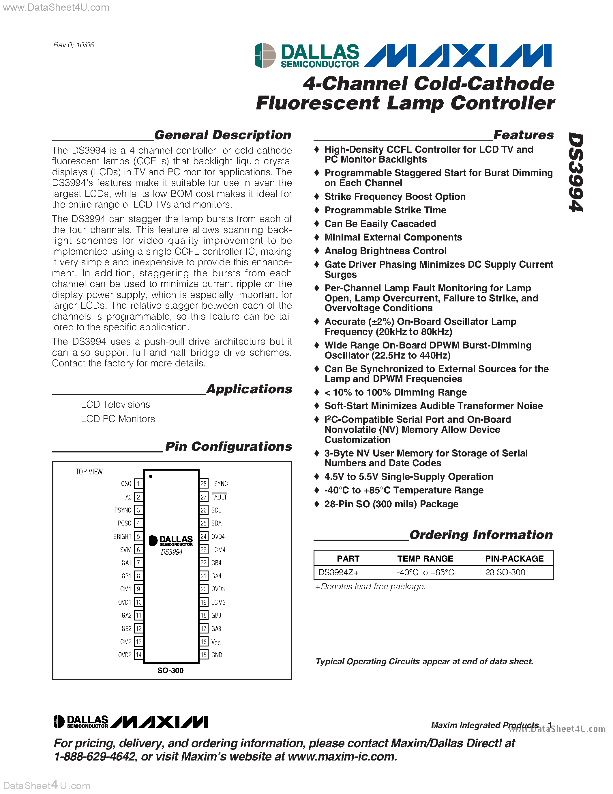 Datasheet DS3994 page 1 Datasheet DS3994 - 4-Channel Cold Cathode Fluorescent Lamp Controller page 1