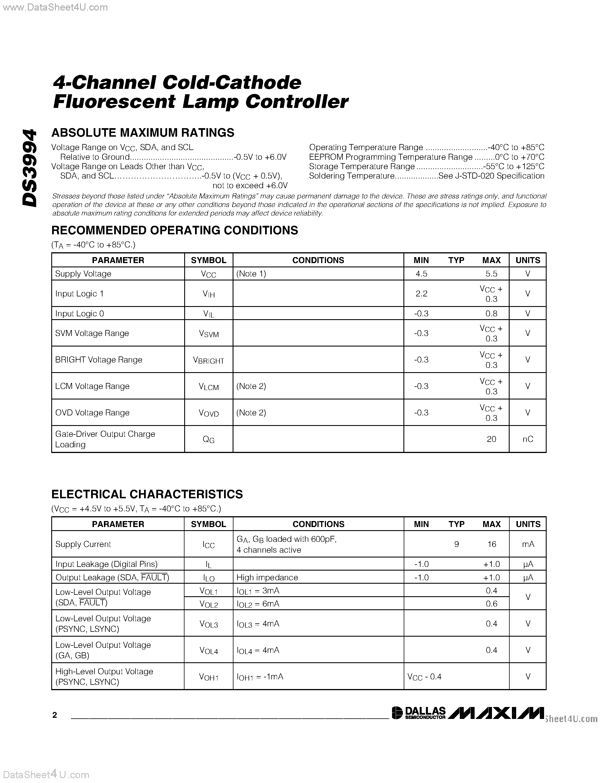 Datasheet DS3994 page 2 Datasheet DS3994 - 4-Channel Cold Cathode Fluorescent Lamp Controller page 2