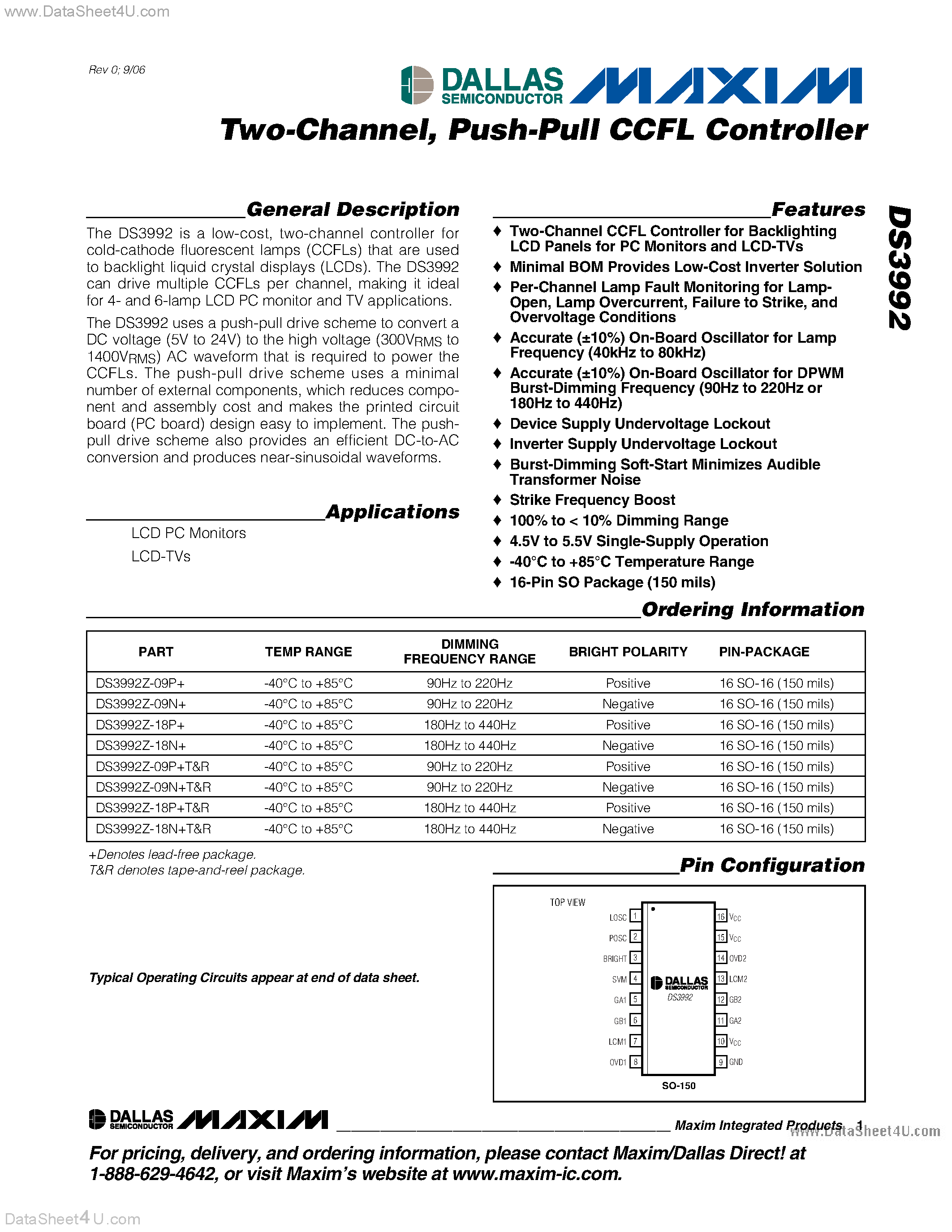 Даташит на микросхему DS3992 страница 1 Даташит DS3992 - 2-Channel Push Pull CCFL Controller страница 1