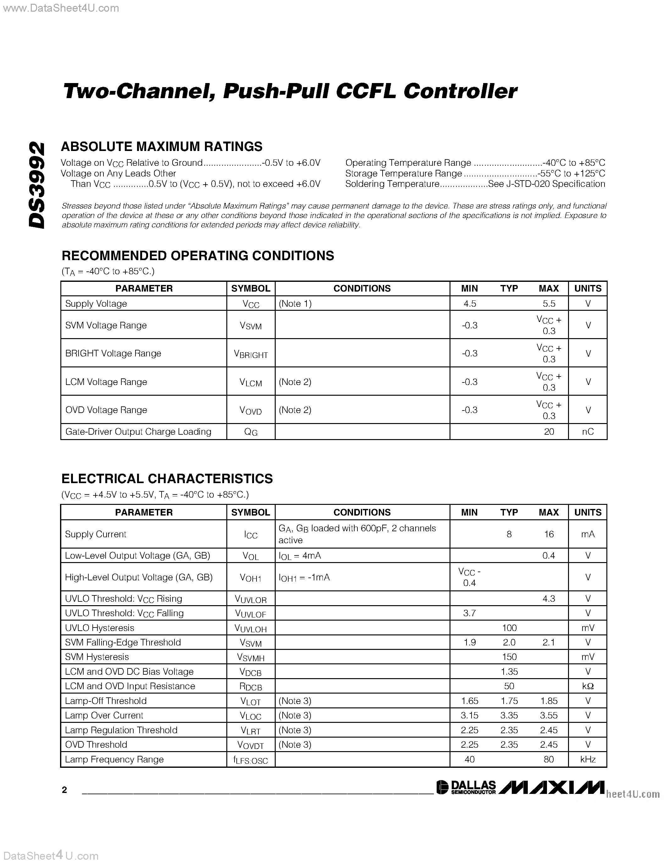 Даташит на микросхему DS3992 страница 2 Даташит DS3992 - 2-Channel Push Pull CCFL Controller страница 2