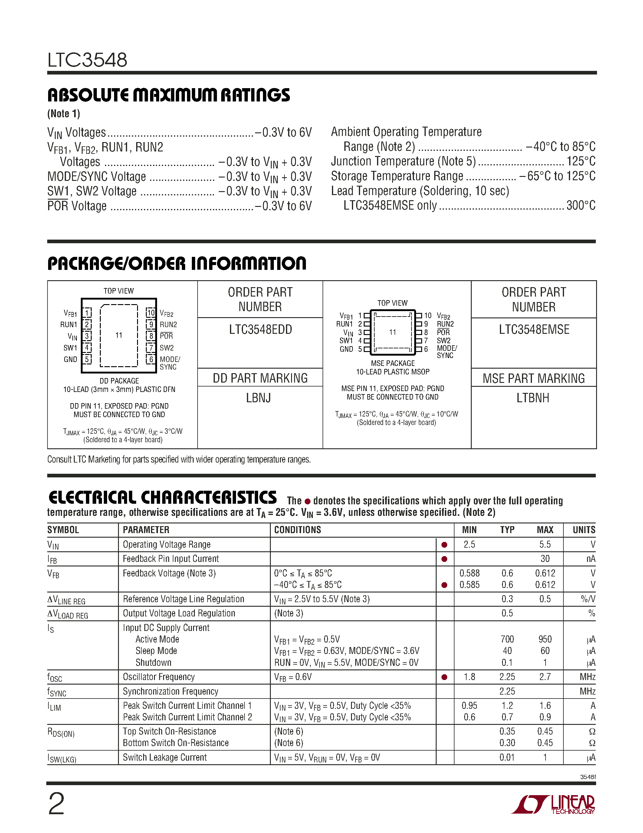 Datasheet LTC3548 page 2 Datasheet LTC3548 - Step-Down DC/DC Regulator page 2