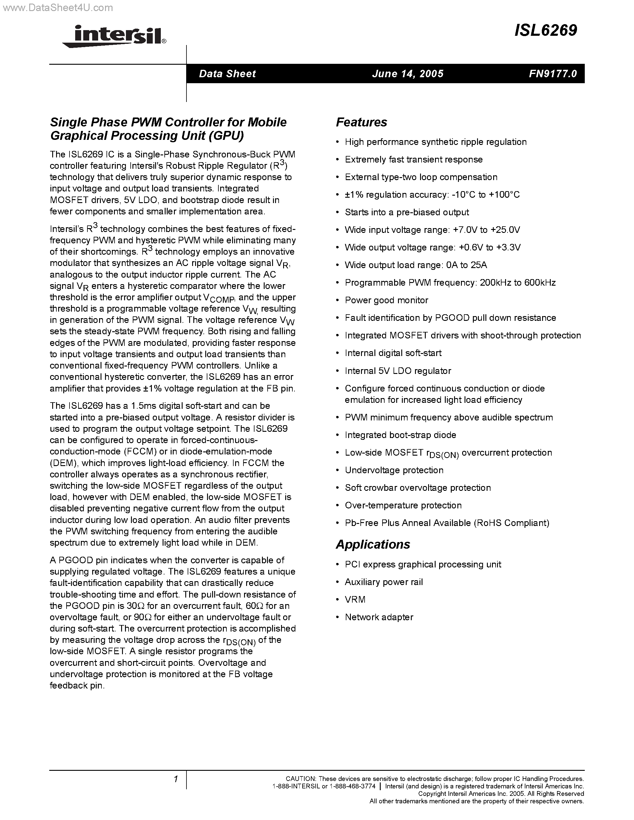 Datasheet ISL6269 - Single Phase PWM Controller page 1