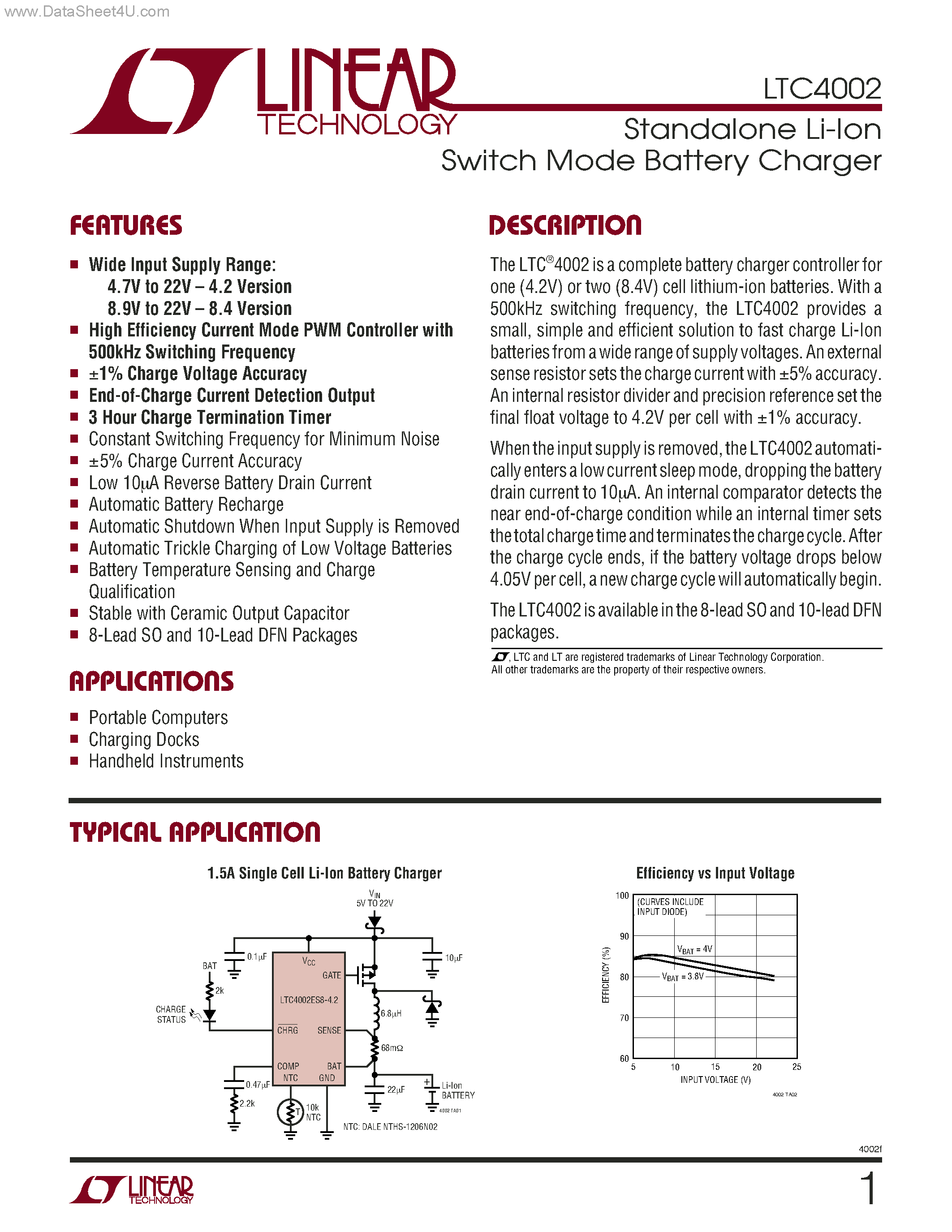 Datasheet LTC4002 - Standalone Li-Ion Switch Mode Battery Charger page 1