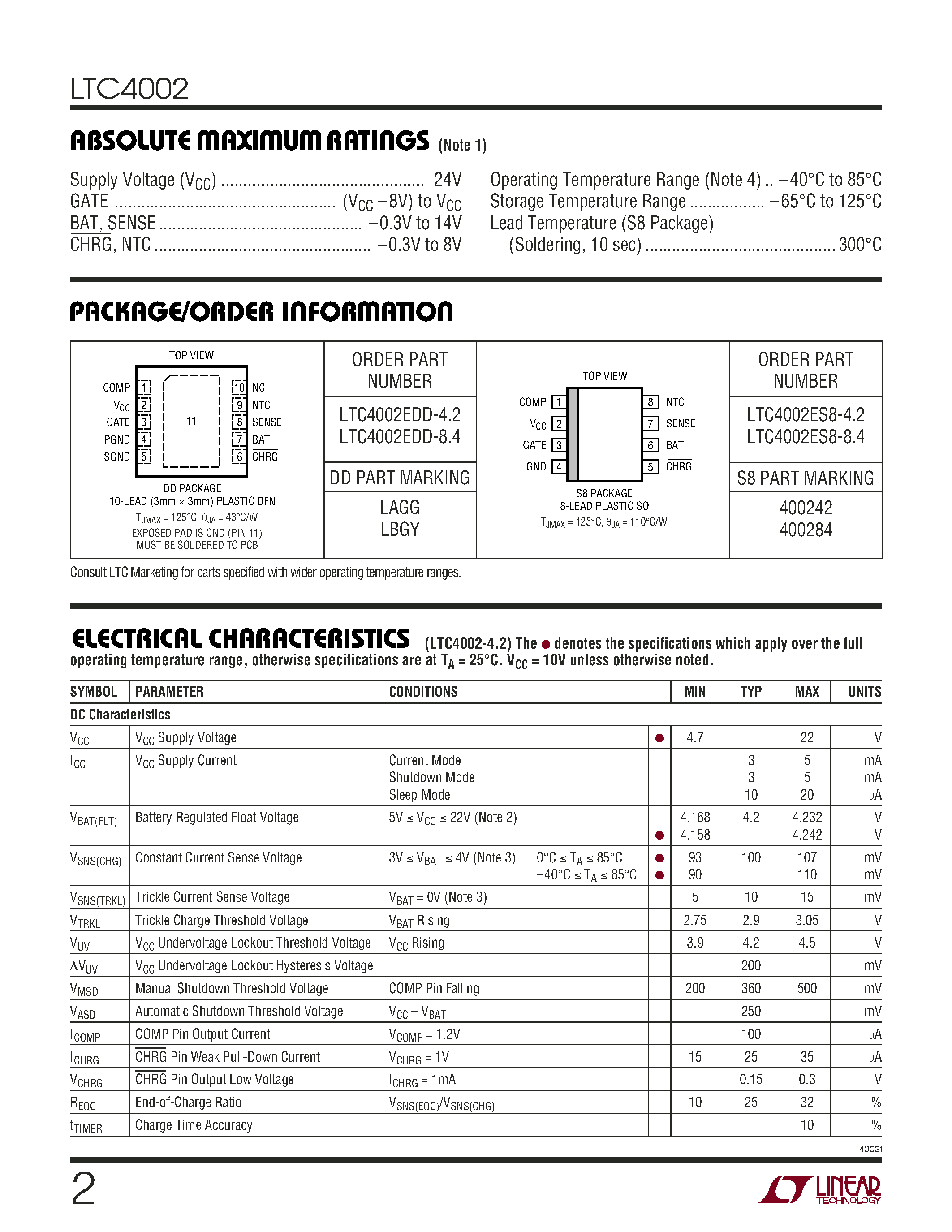 Datasheet LTC4002 - Standalone Li-Ion Switch Mode Battery Charger page 2