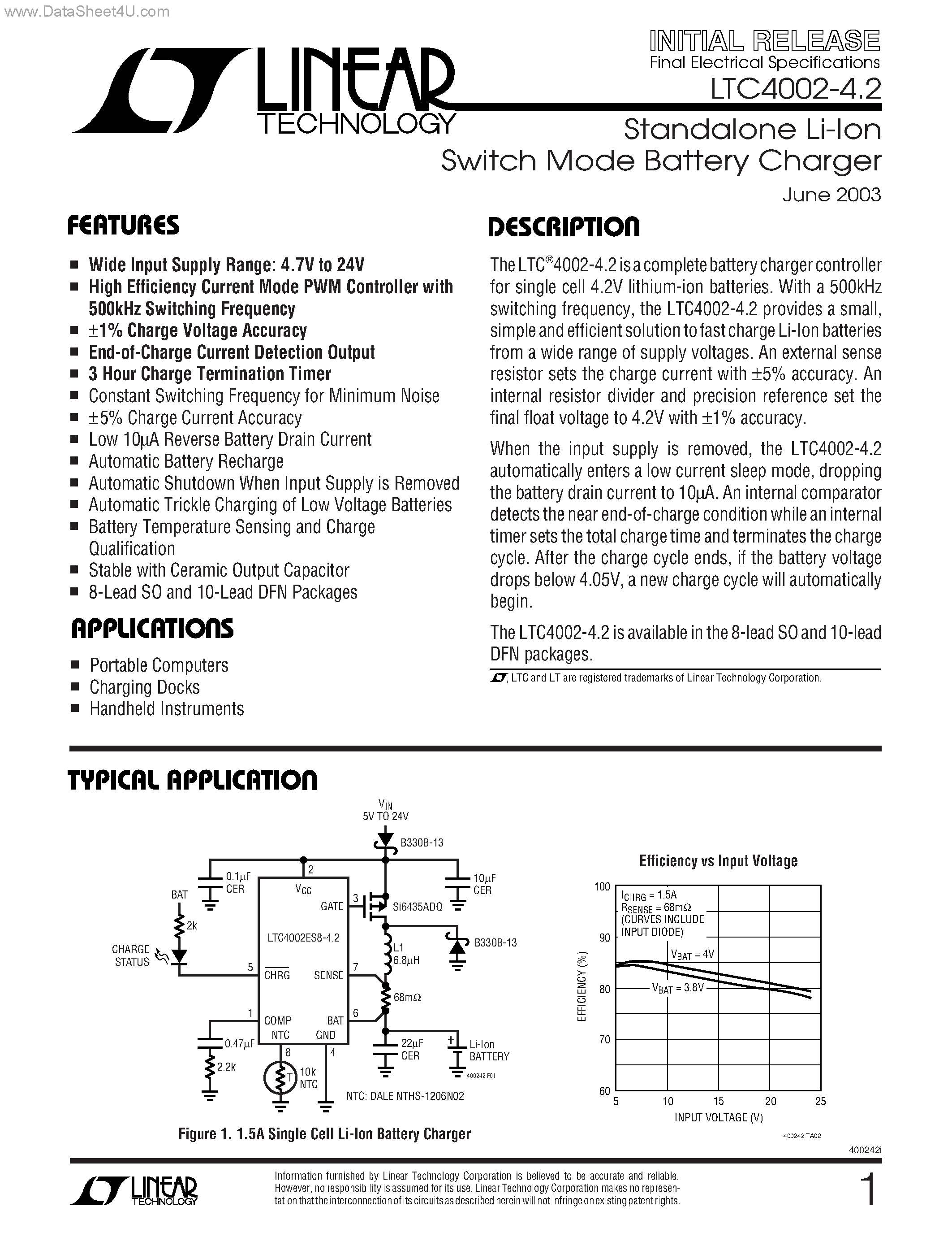 Даташит LTC4002-4.2 - Standalone Li-Ion Switch Mode Battery Charger страница 1