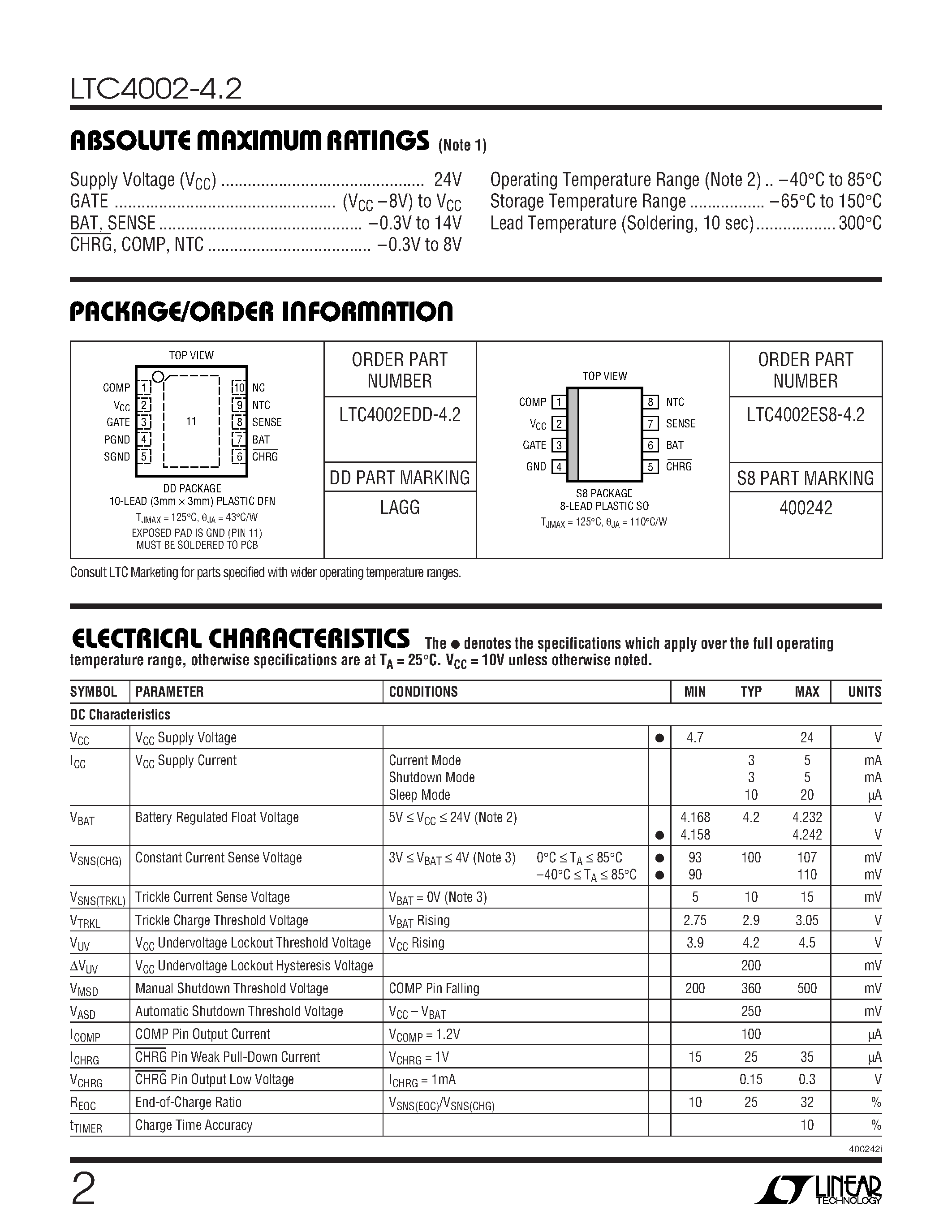 Даташит LTC4002-4.2 - Standalone Li-Ion Switch Mode Battery Charger страница 2