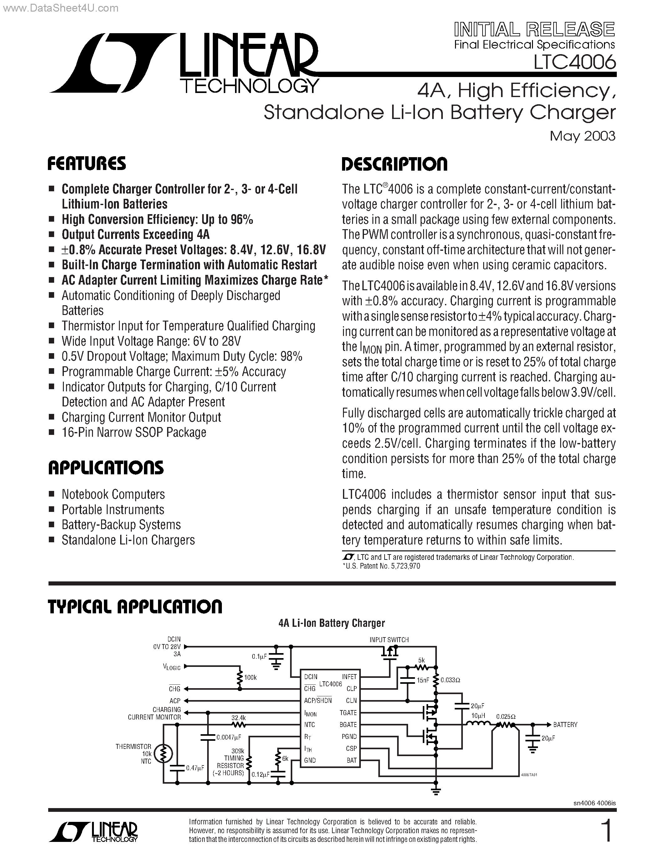 Datasheet LTC4006 - Standalone Li-Ion Battery Charger page 1