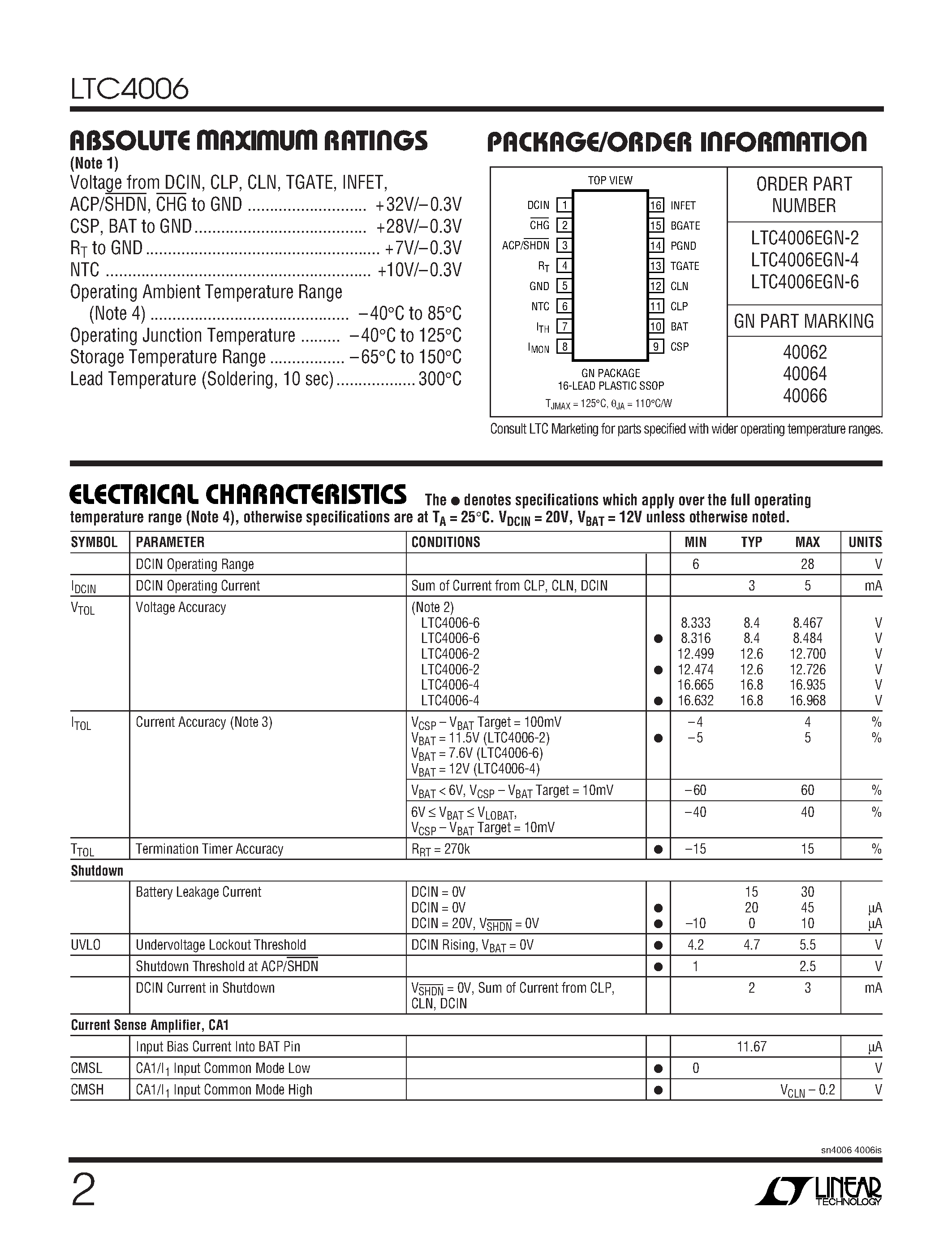 Datasheet LTC4006 - Standalone Li-Ion Battery Charger page 2