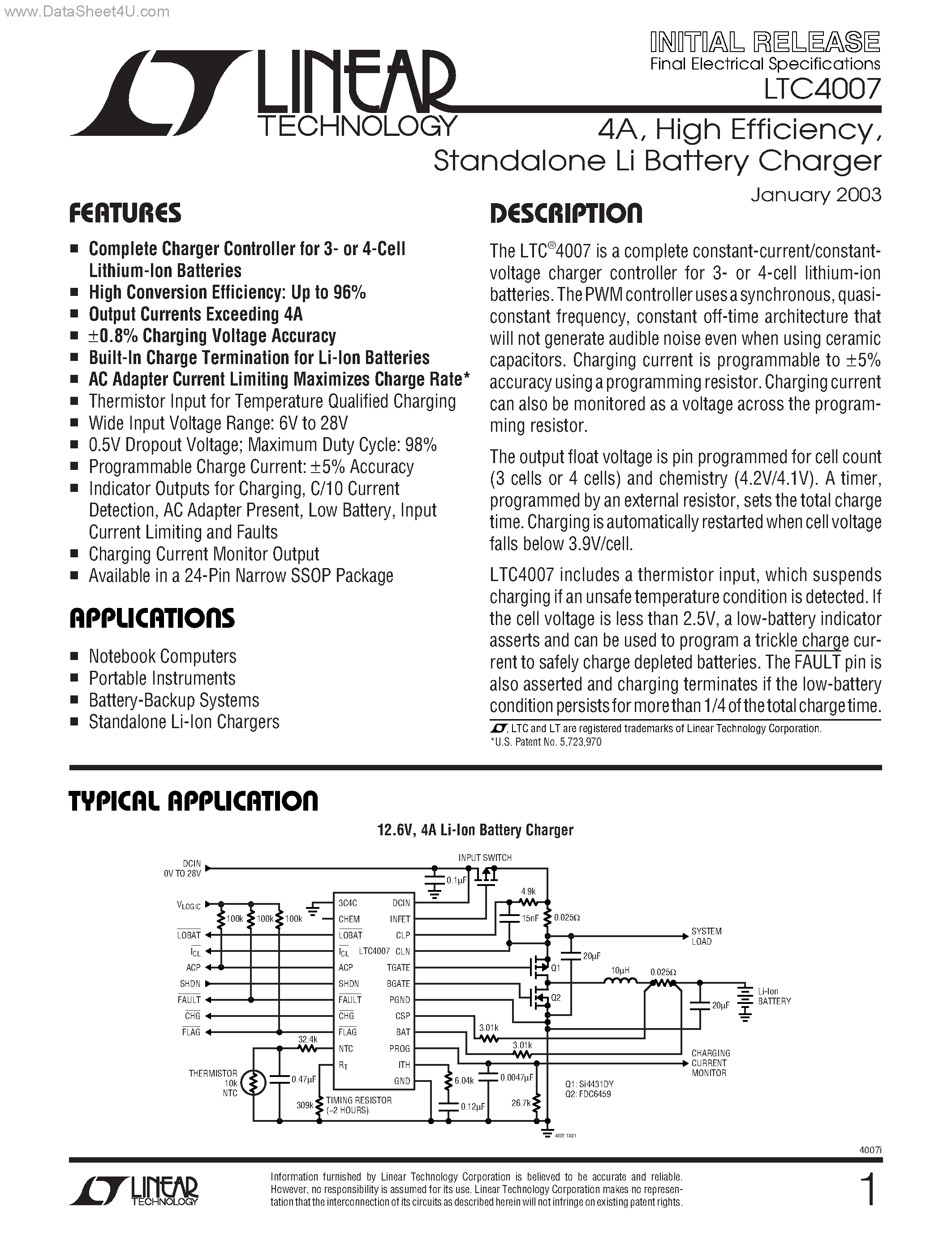 Datasheet LTC4007 - Standalone Li Battery Charger page 1