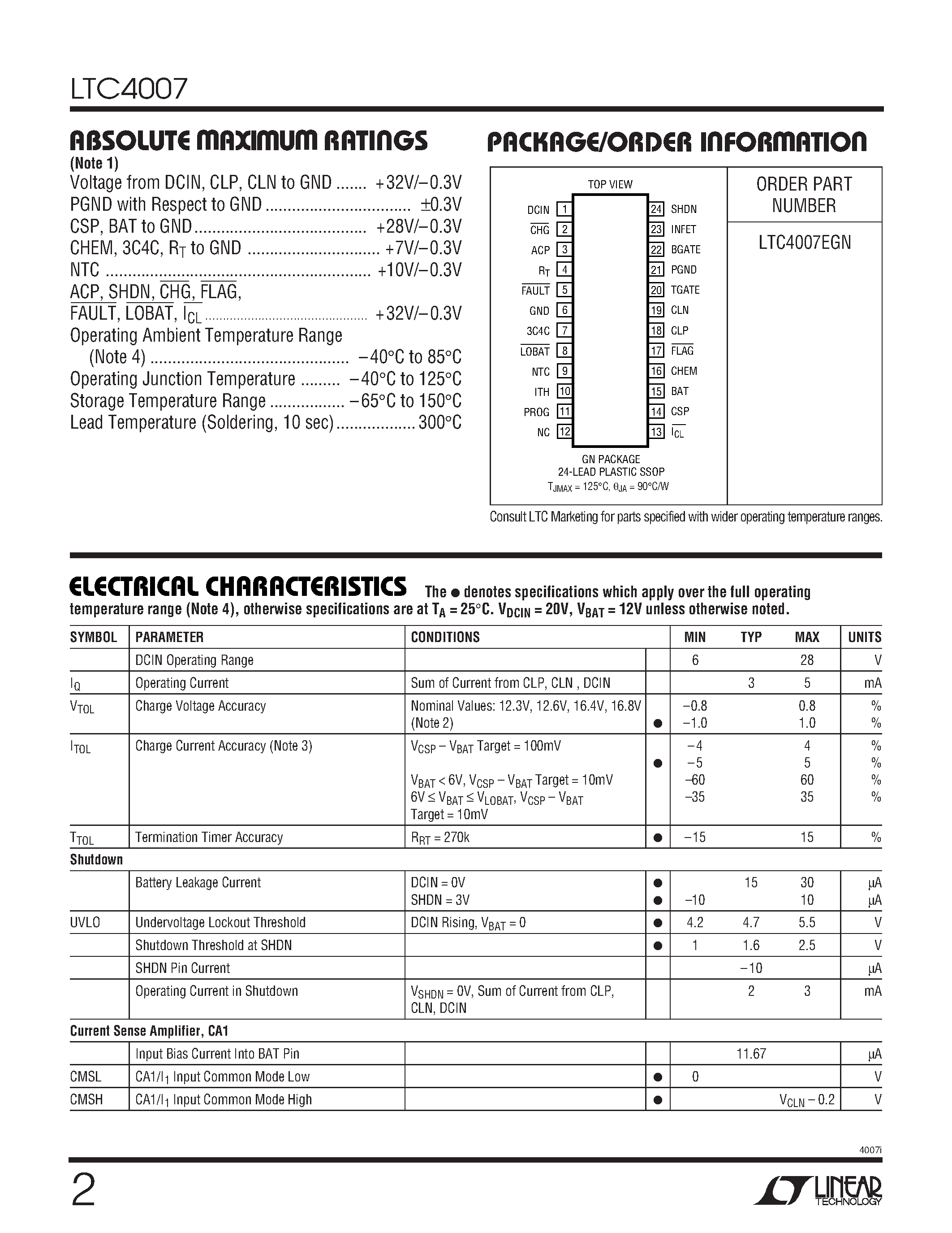 Datasheet LTC4007 - Standalone Li Battery Charger page 2
