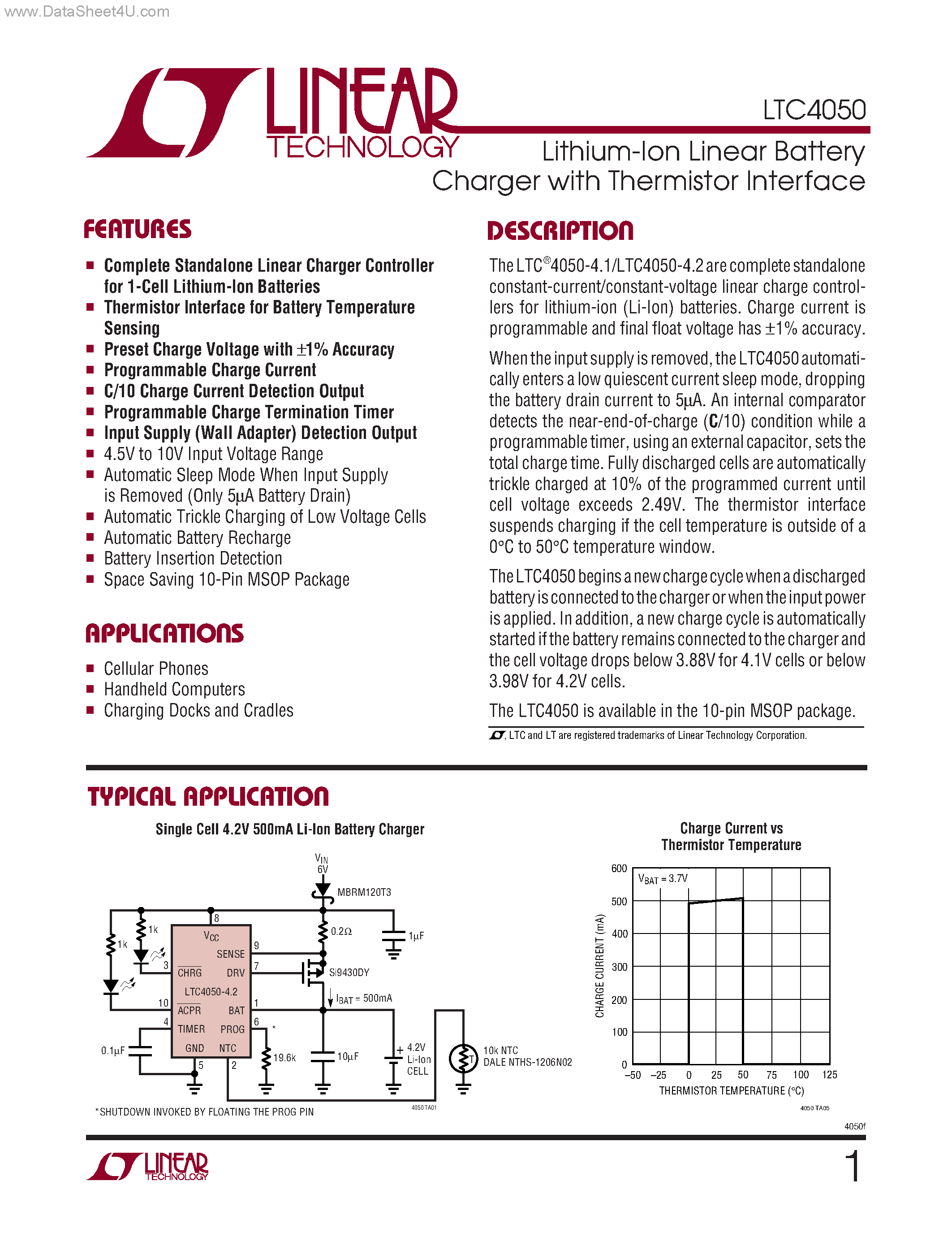Datasheet LTC4050 - Lithium-Ion Linear Battery Charger page 1